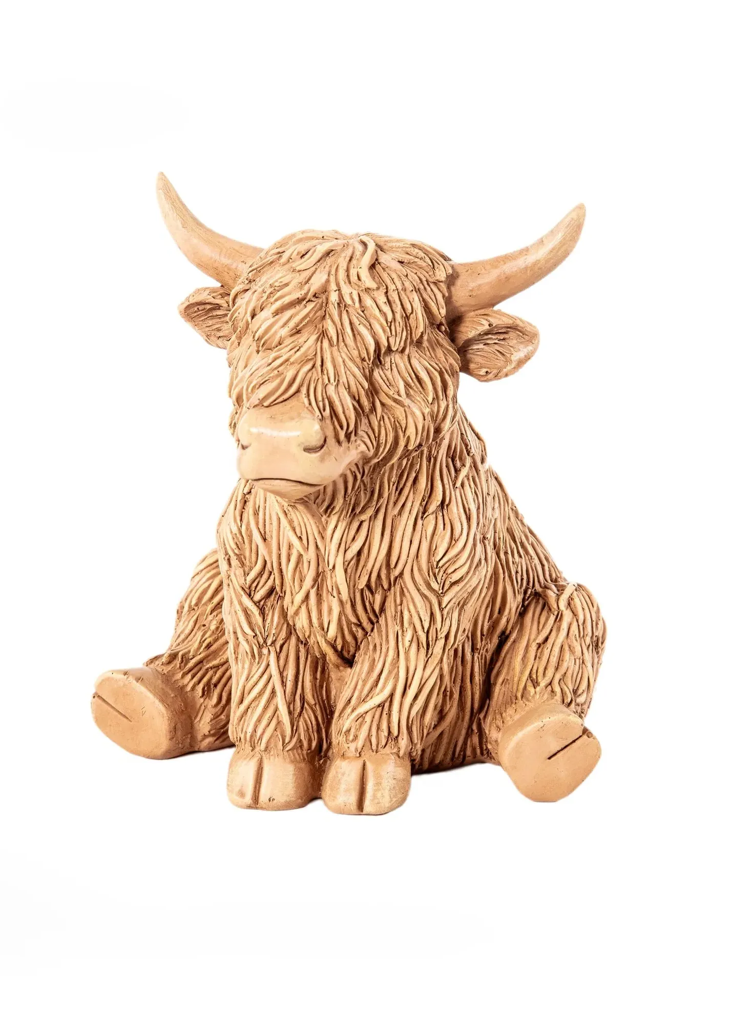 Wood Cut Effect Sitting Highland Calf Statue - Brown product