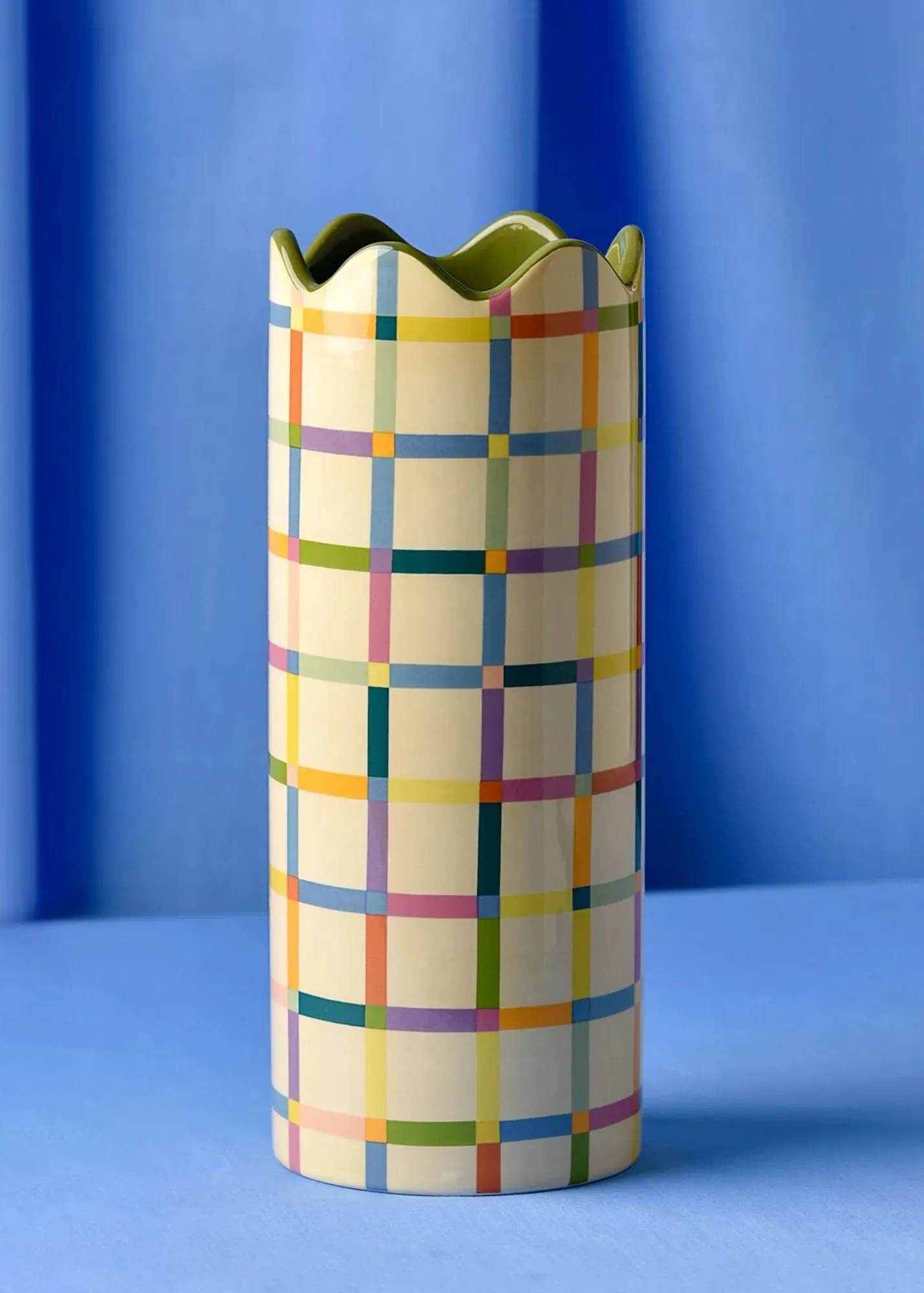 Checkered Ceramic Vase with Wavy Rim - Multi-Colour product