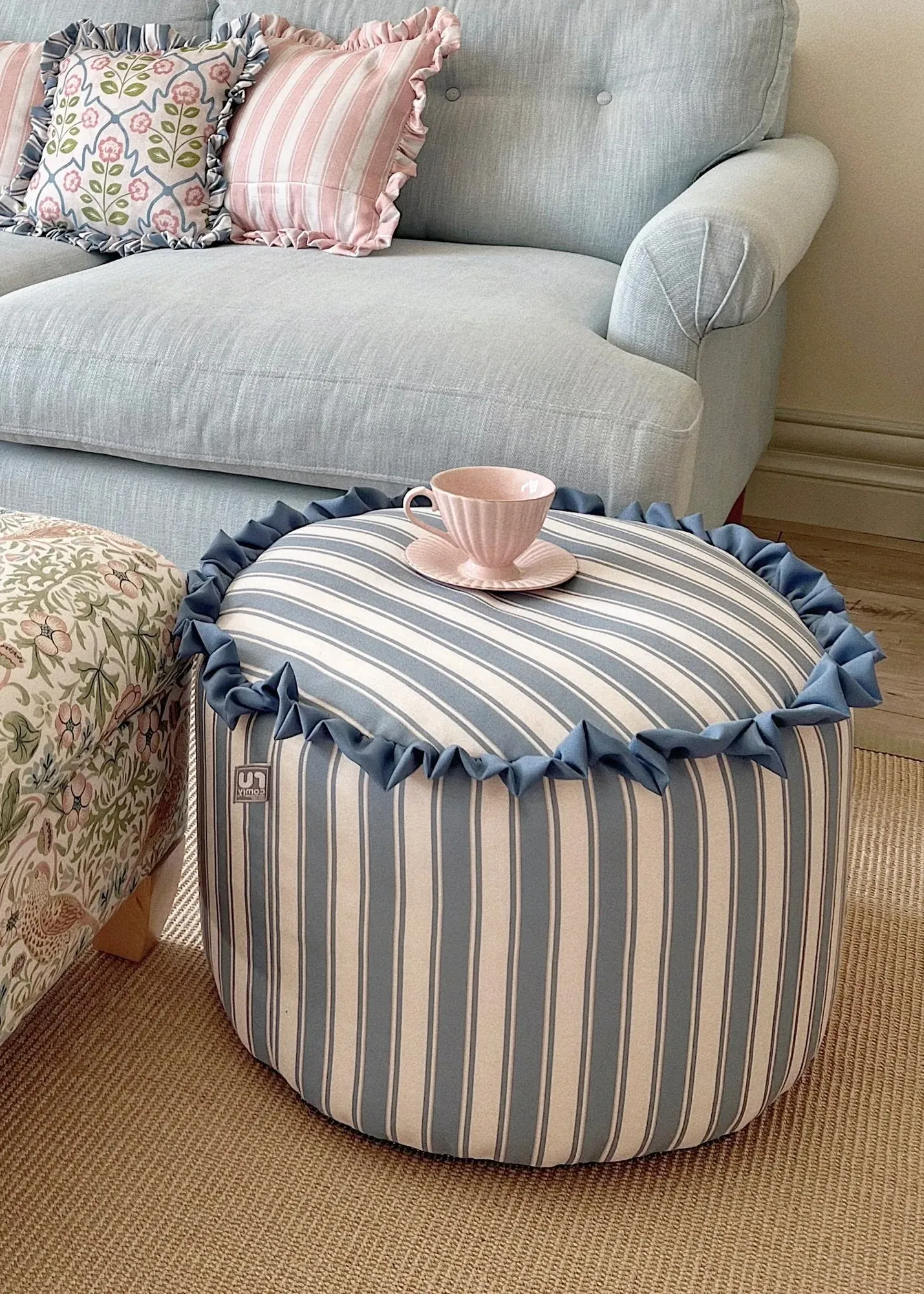Striped Frilled Pouffe - Blue, Polyester product