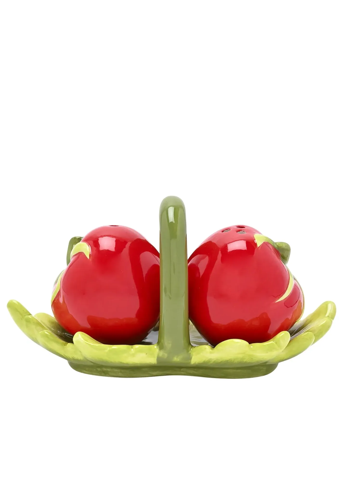 Tomato-Shaped Salt and Pepper Set with Leaf Tray - Green, Ceramic product