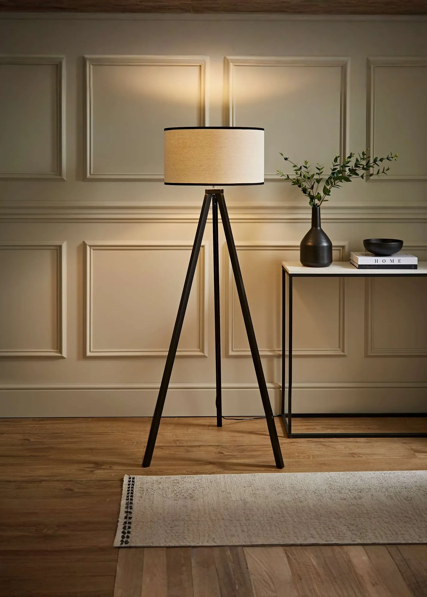 Barbro Tripod Floor Lamp with Drum Shade - Black, Wood product