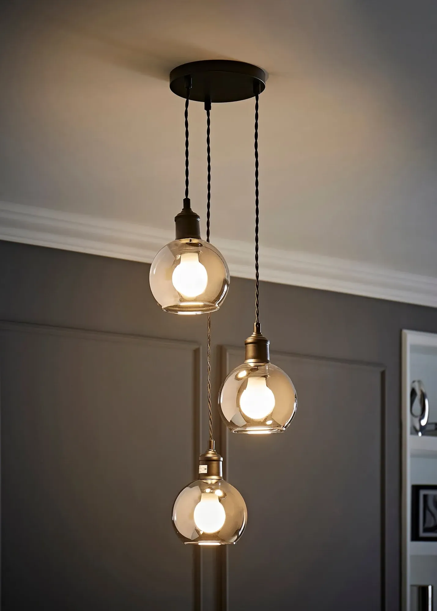 Bellamy Smoked Glass Globe 3-Drop Cluster Ceiling Pendant - Black product