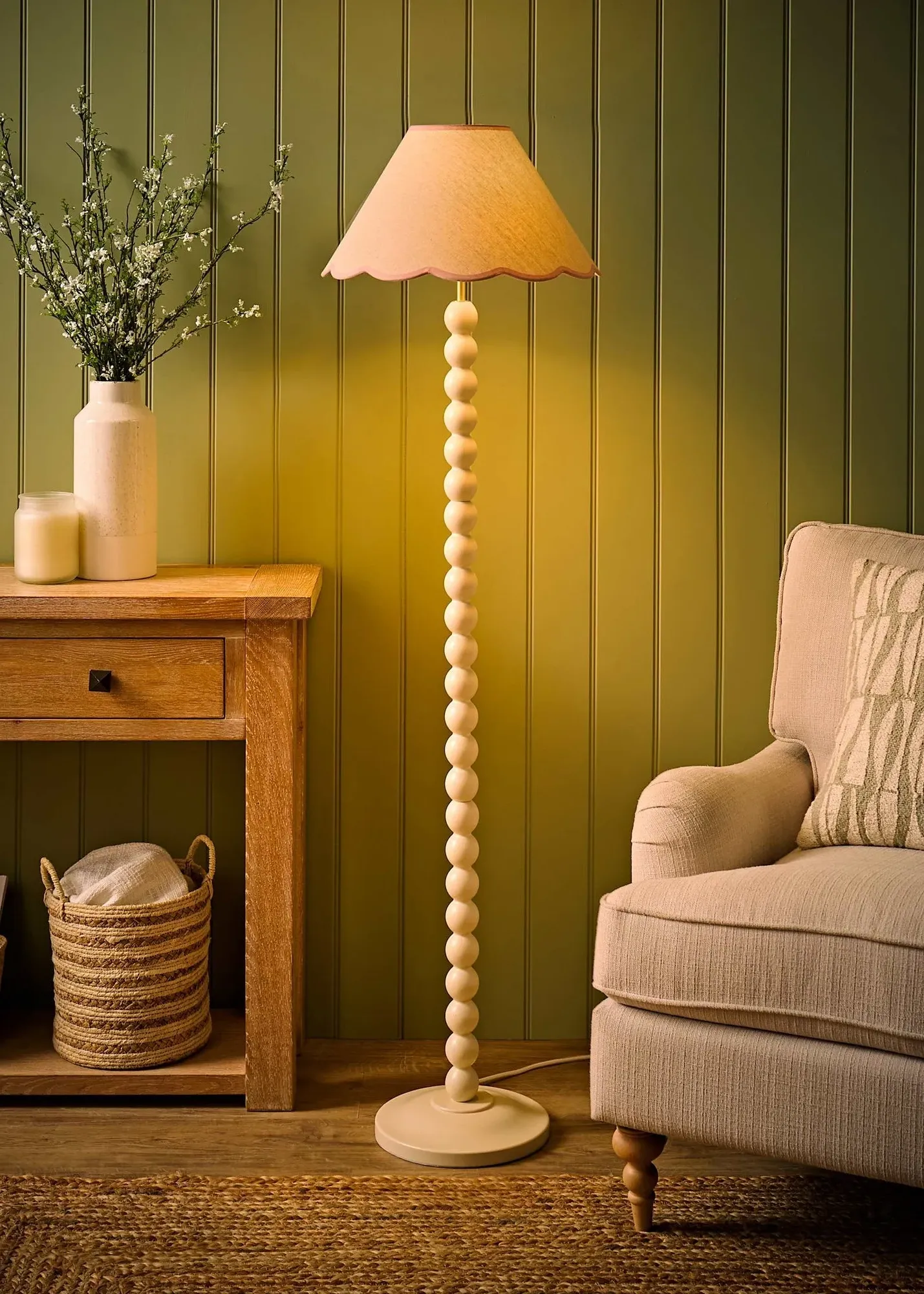 Bobble Floor Lamp with Scallop Shade - Pink, Linen product