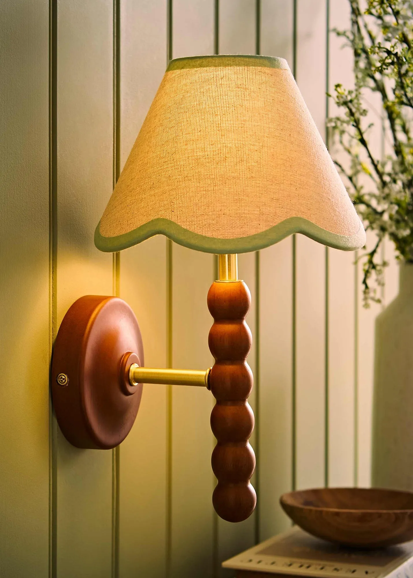 Bobble Wall Light with Scallop Shade - Green, Linen product