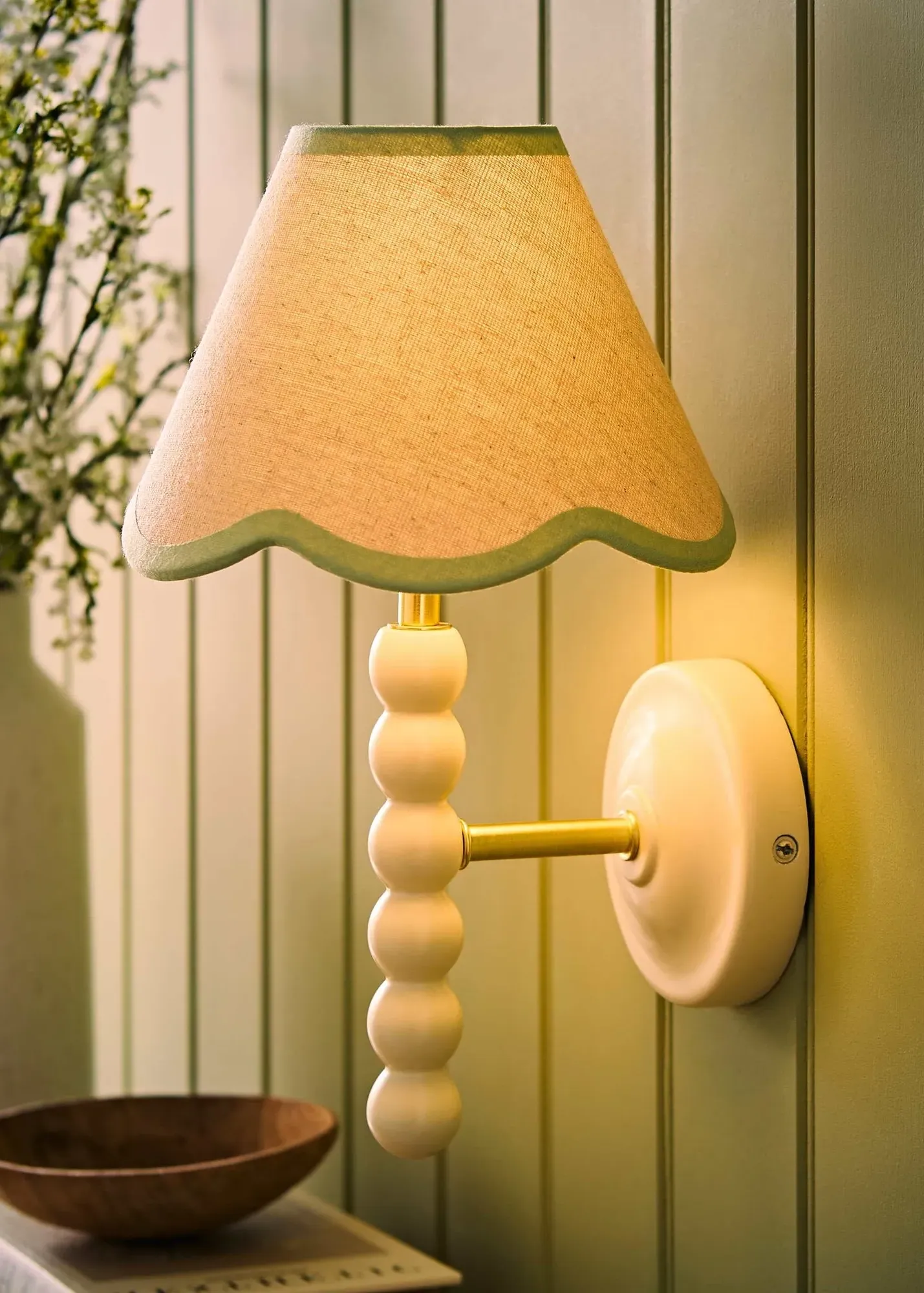 Bobble Wall Light with Scallop Shade - Green, Linen product