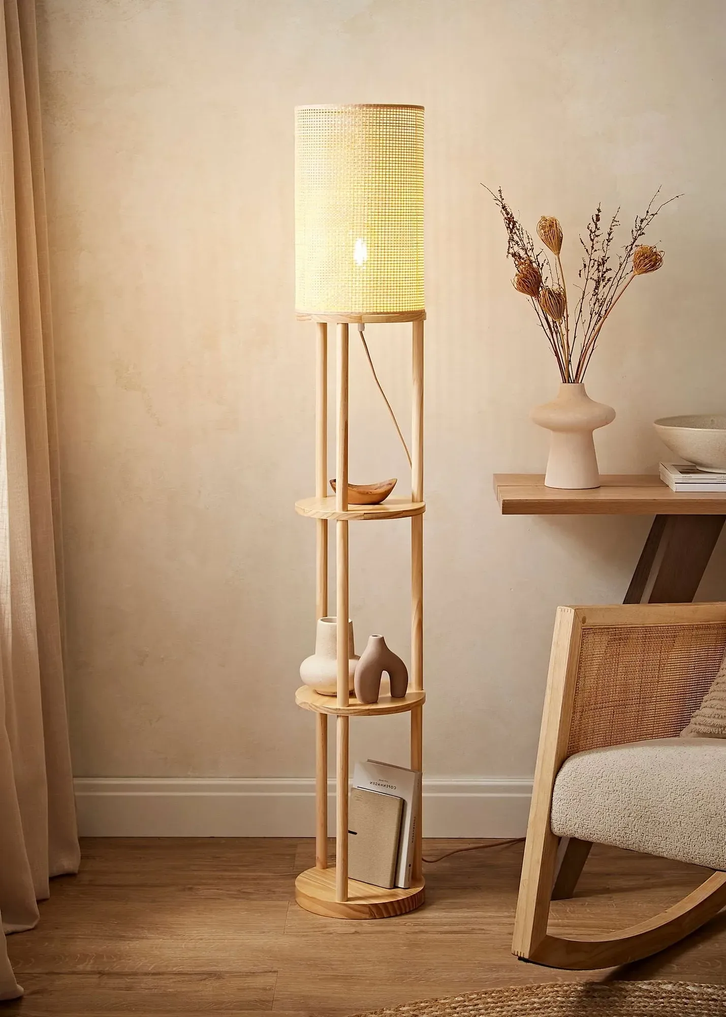 Elsa Oak Effect Floor Lamp with 3-Tier Shelf Base - Natural product