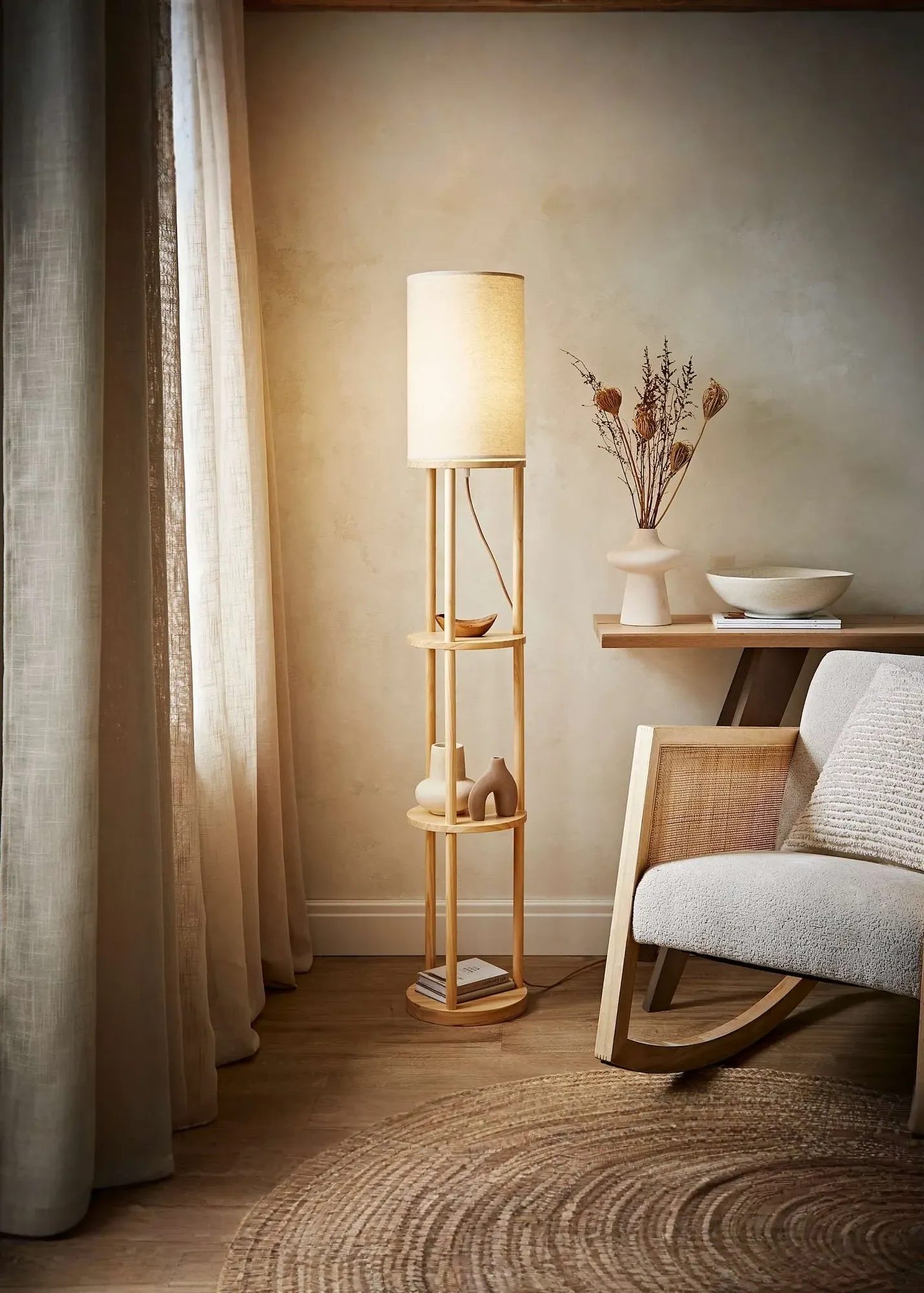 Elsa Three-Tier Shelf Floor Lamp - Natural, Oak Effect product