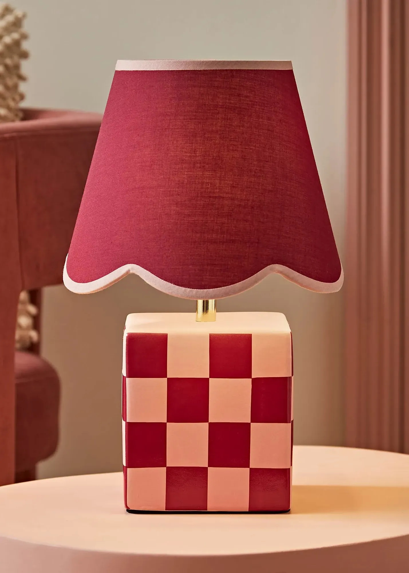 Evie Checkerboard Table Lamp with Scallop Shade - Burgundy, Ceramic product