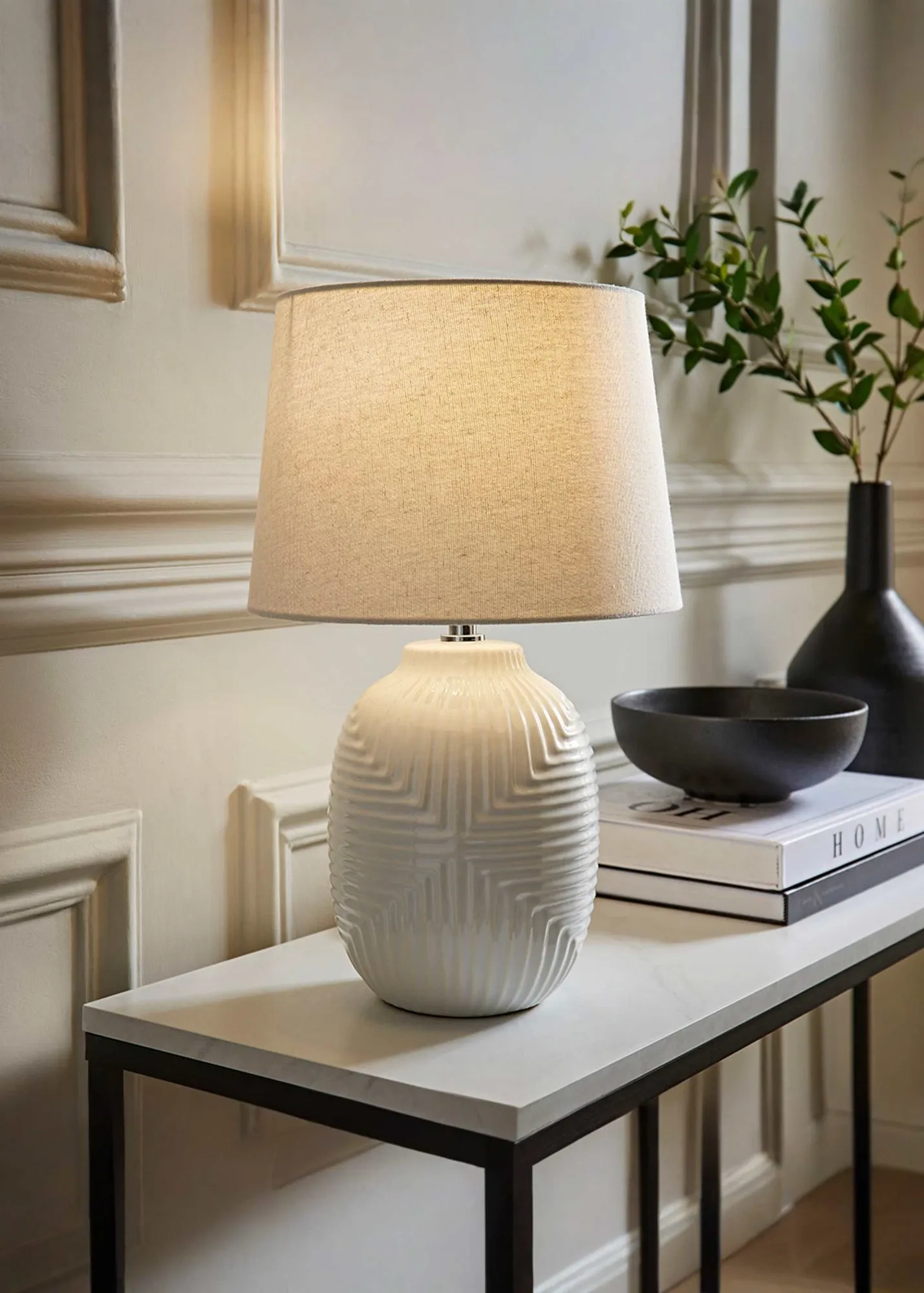 Harrison Ribbed Table Lamp - White, Linen product