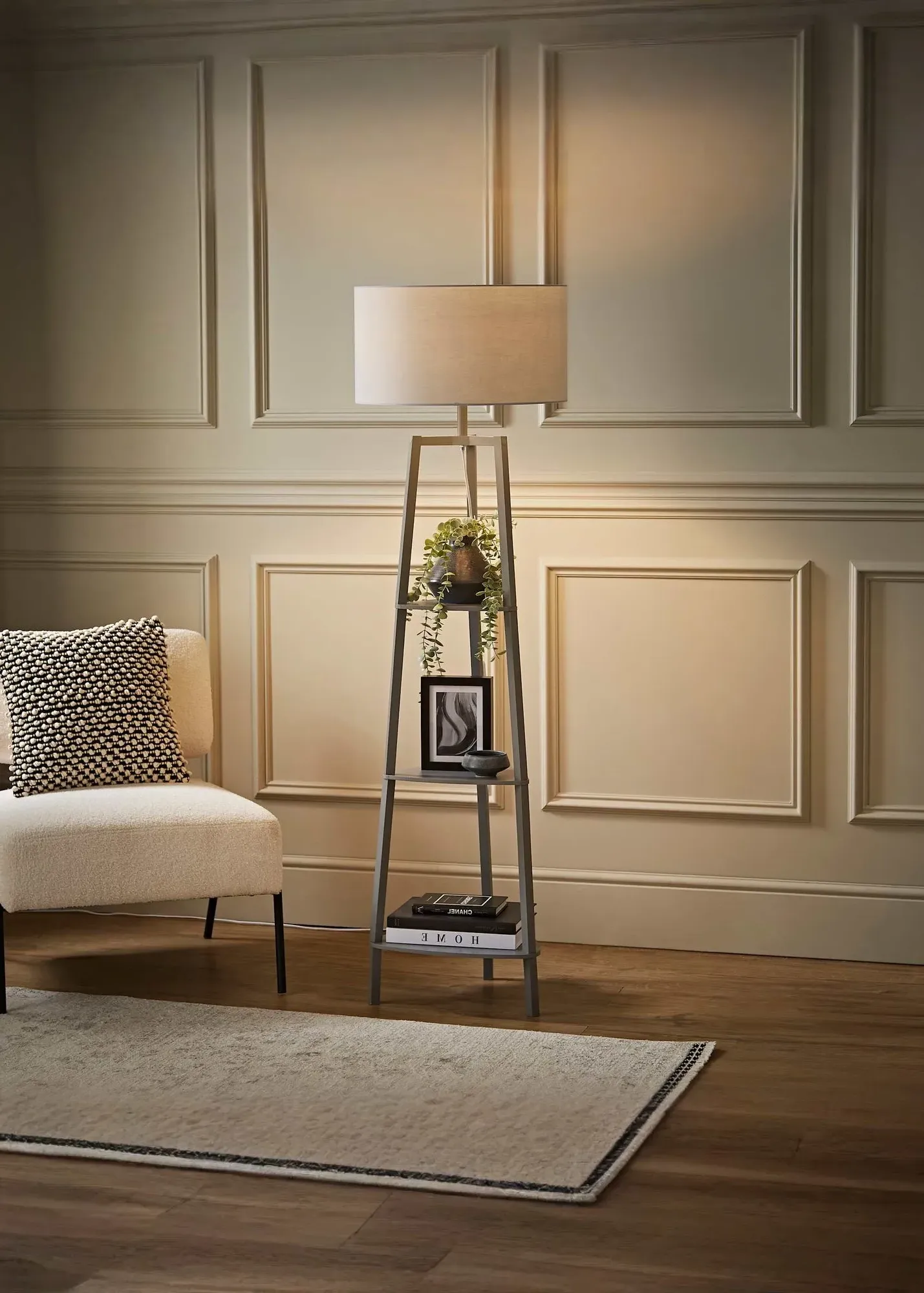 Hiru 3-Tier Shelf Floor Lamp - Grey, Wood product