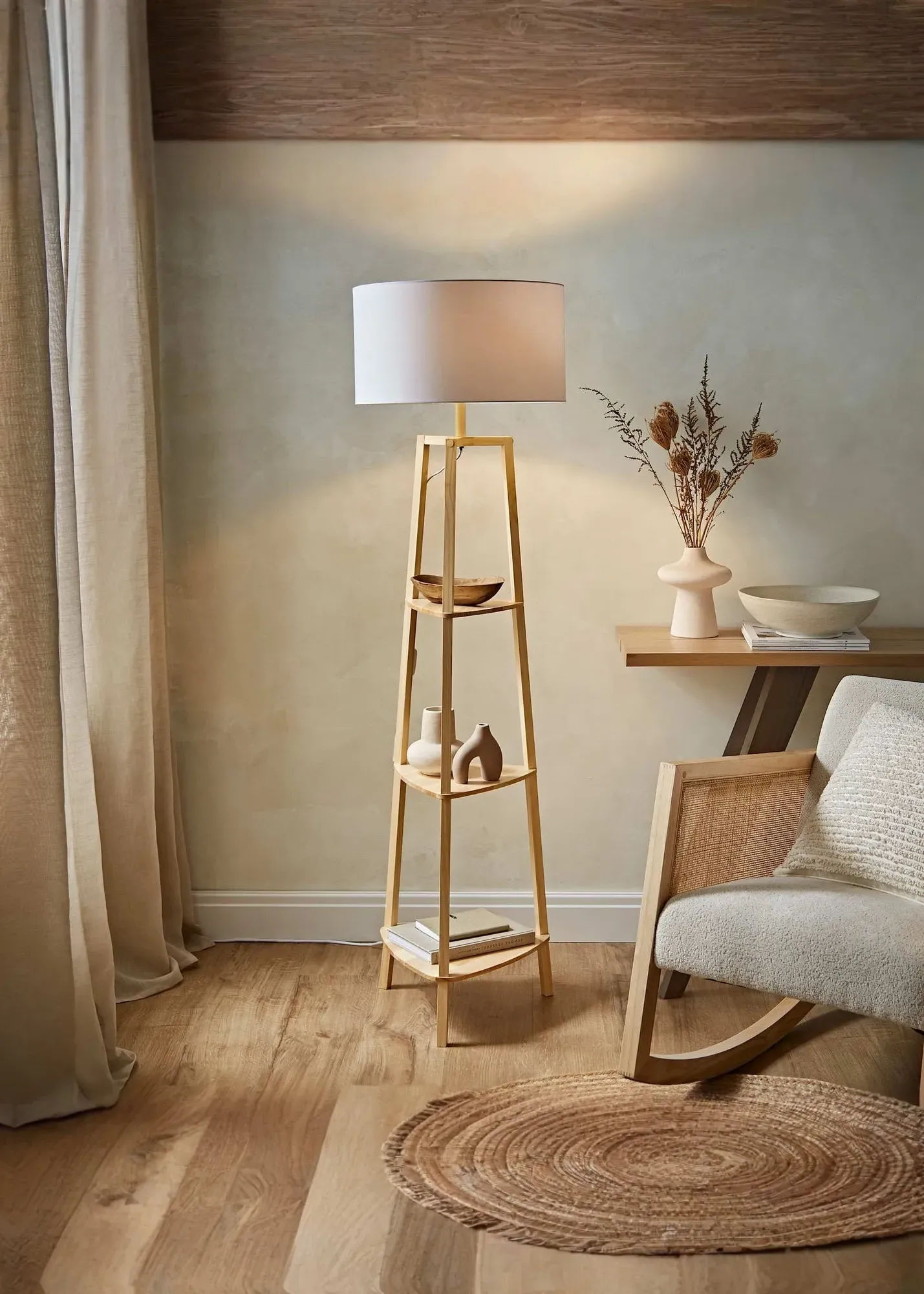 Hiru 3-Tier Shelf Floor Lamp - Natural, Wood product