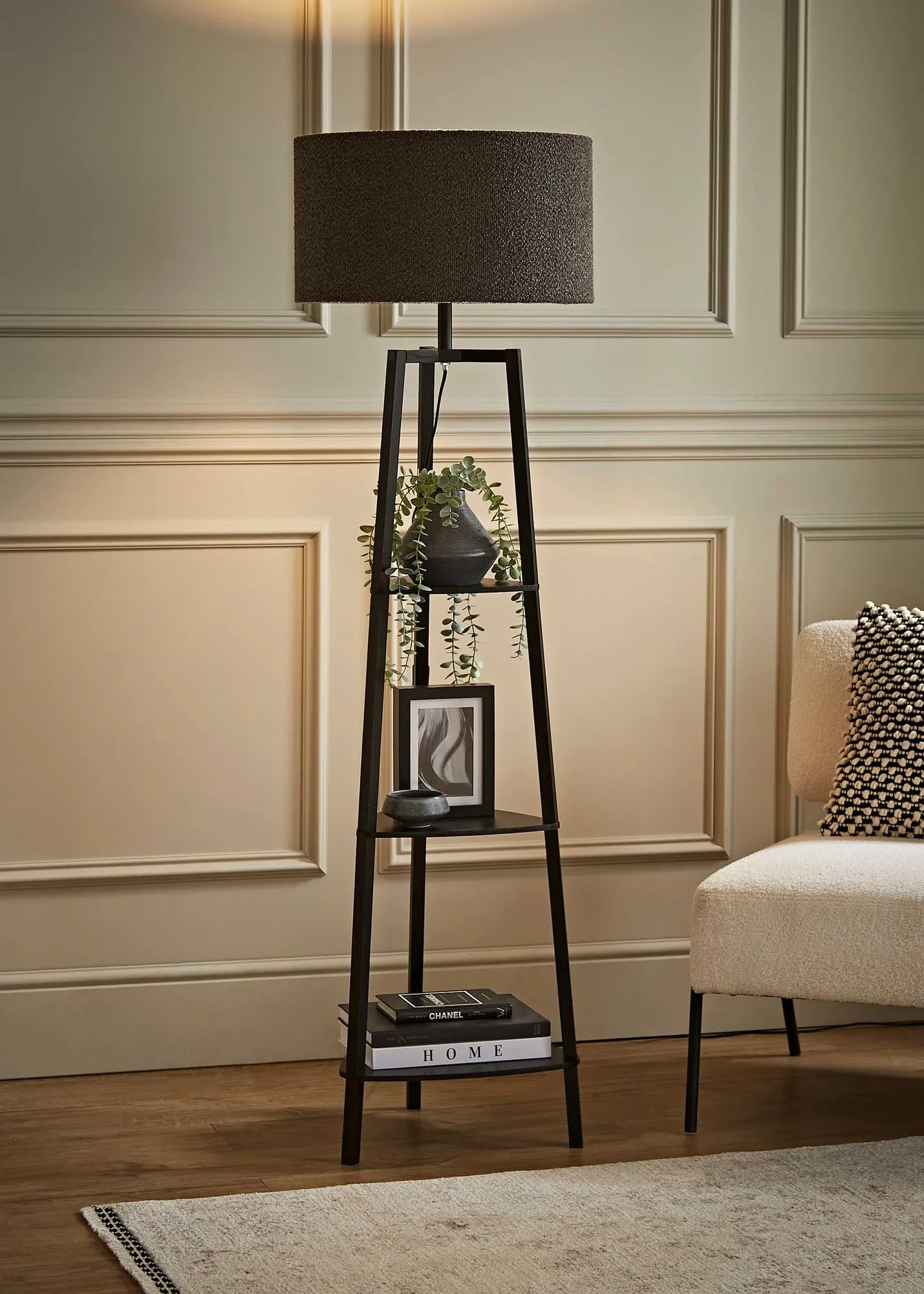 Hiru 3-Tier Shelf Floor Lamp with Boucle Shade - Grey product