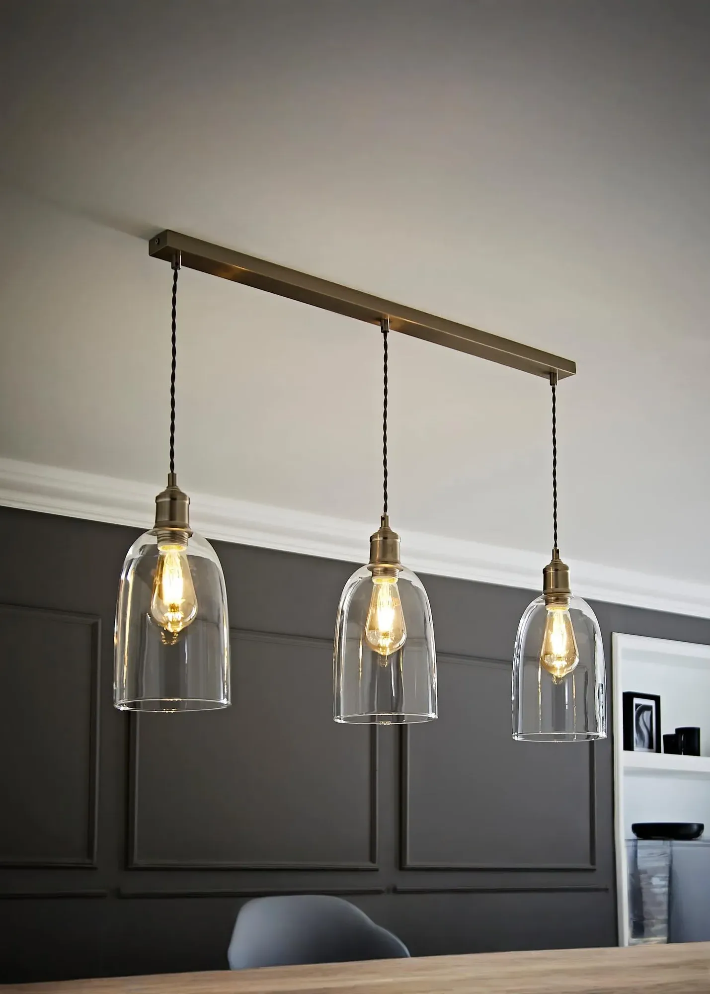 Kira Glass Cloche Dome 3-Drop Bar Ceiling Pendant Light - Silver product
