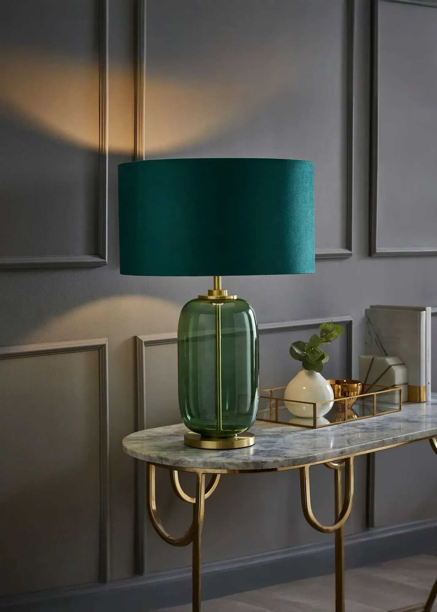 Leigh Glass Table Lamp with Velvet Shade - Green product