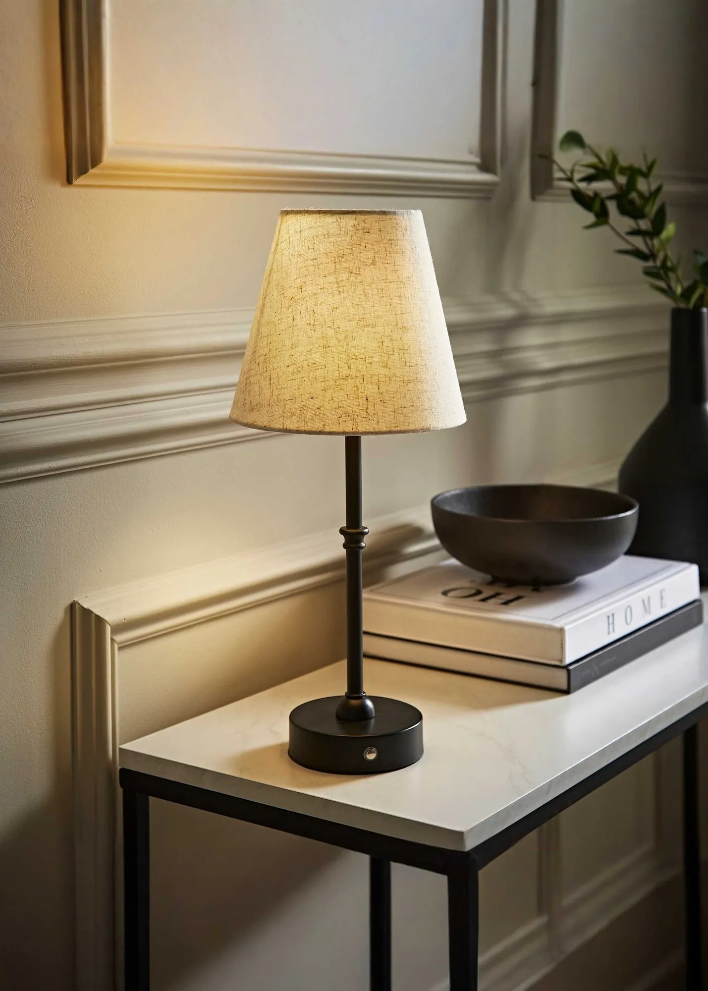 Lowe Rechargeable Table Lamp with Linen Shade - Black, Metal product