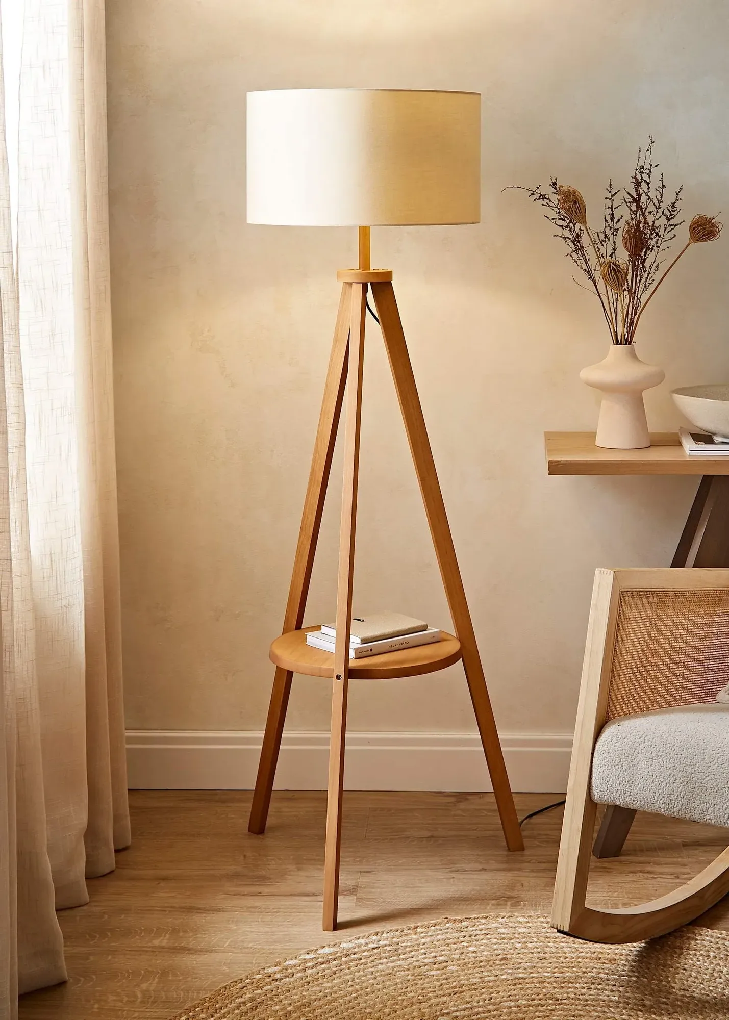 Morrigan Shelf Floor Lamp with Drum Shade - Cream, Wood product