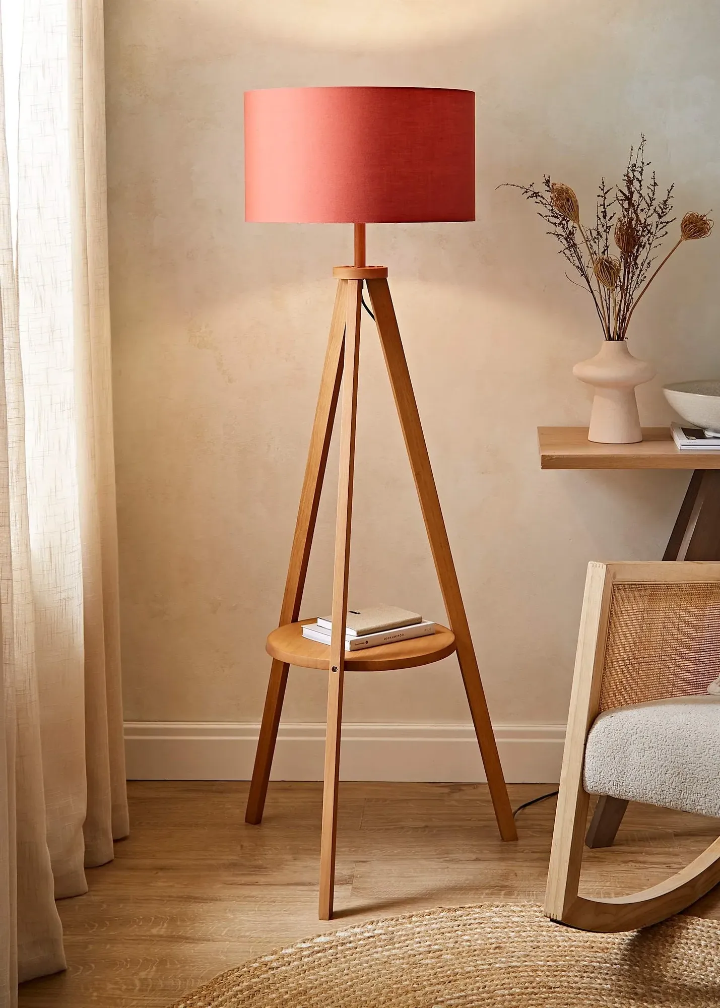 Morrigan Shelf Floor Lamp with Drum Shade - Orange, Wood product