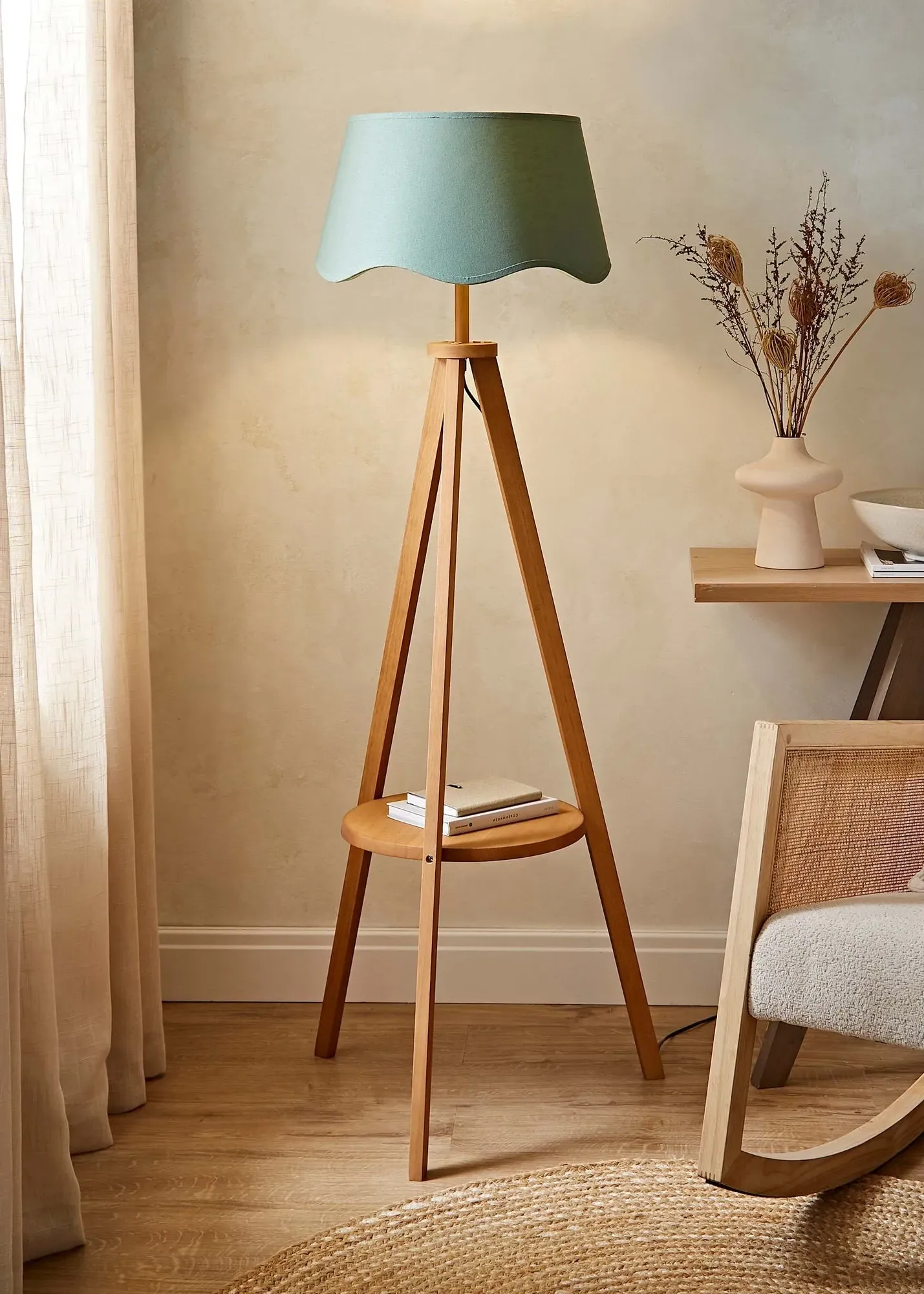 Morrigan Shelf Floor Lamp with Scalloped Linen Shade - Green, Mid Wood product