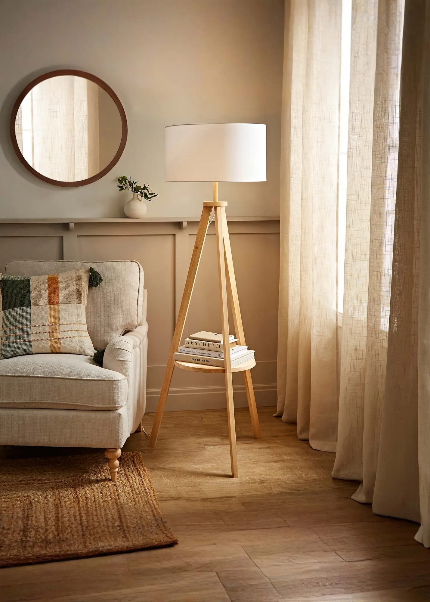 Morrigan Tripod Floor Lamp with Shelf - White, Light Wood product