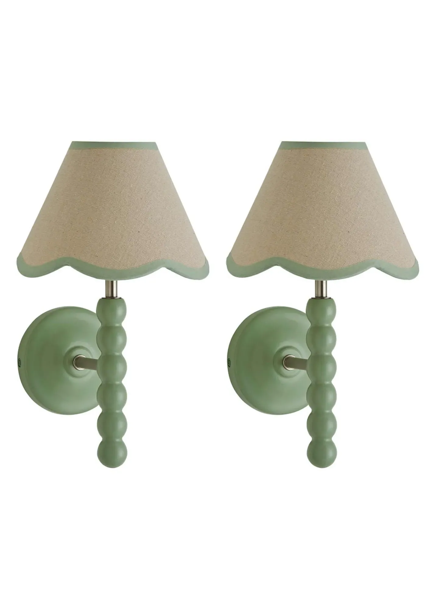 Pair of Bobbin Wall Lights with Scallop Lampshades - Green, Wood product