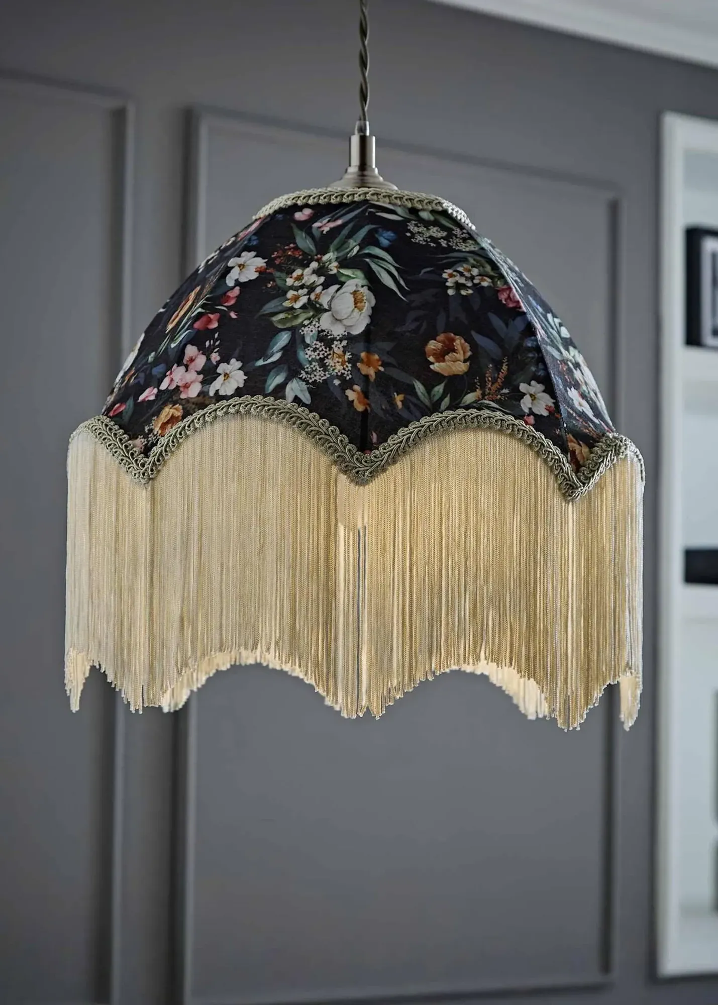 Peony Scalloped Floral Lamp Shade with Tassels - Cream, Fabric product