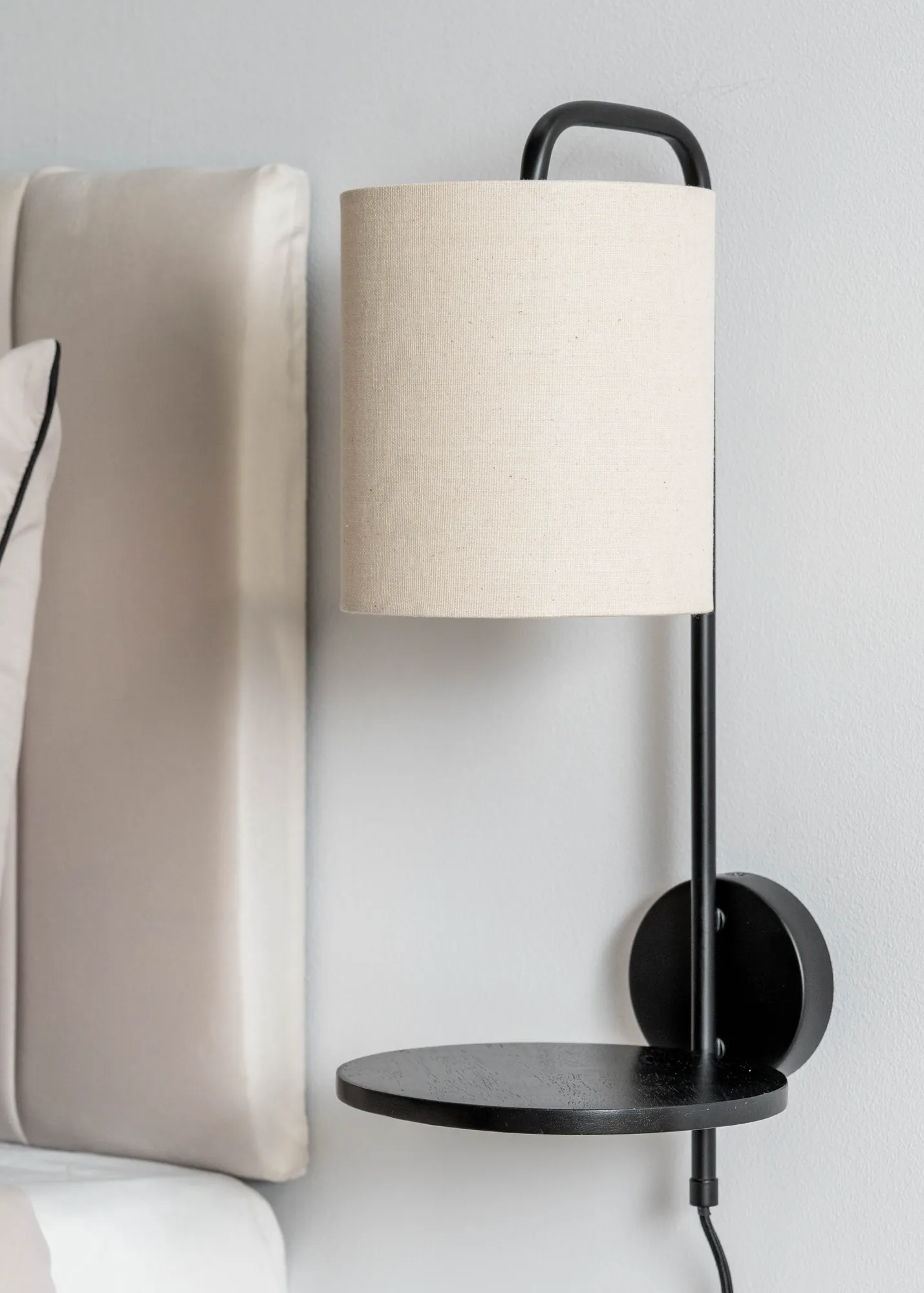 Ryan Wall Light with Wood Shelf - Black, Linen product