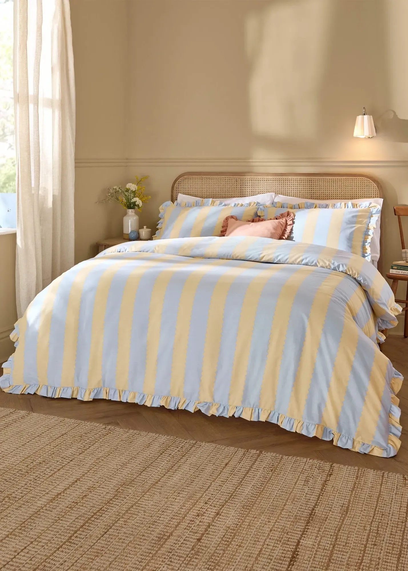 Birdie Stripe Ruffle Double Duvet Cover Set - Yellow product
