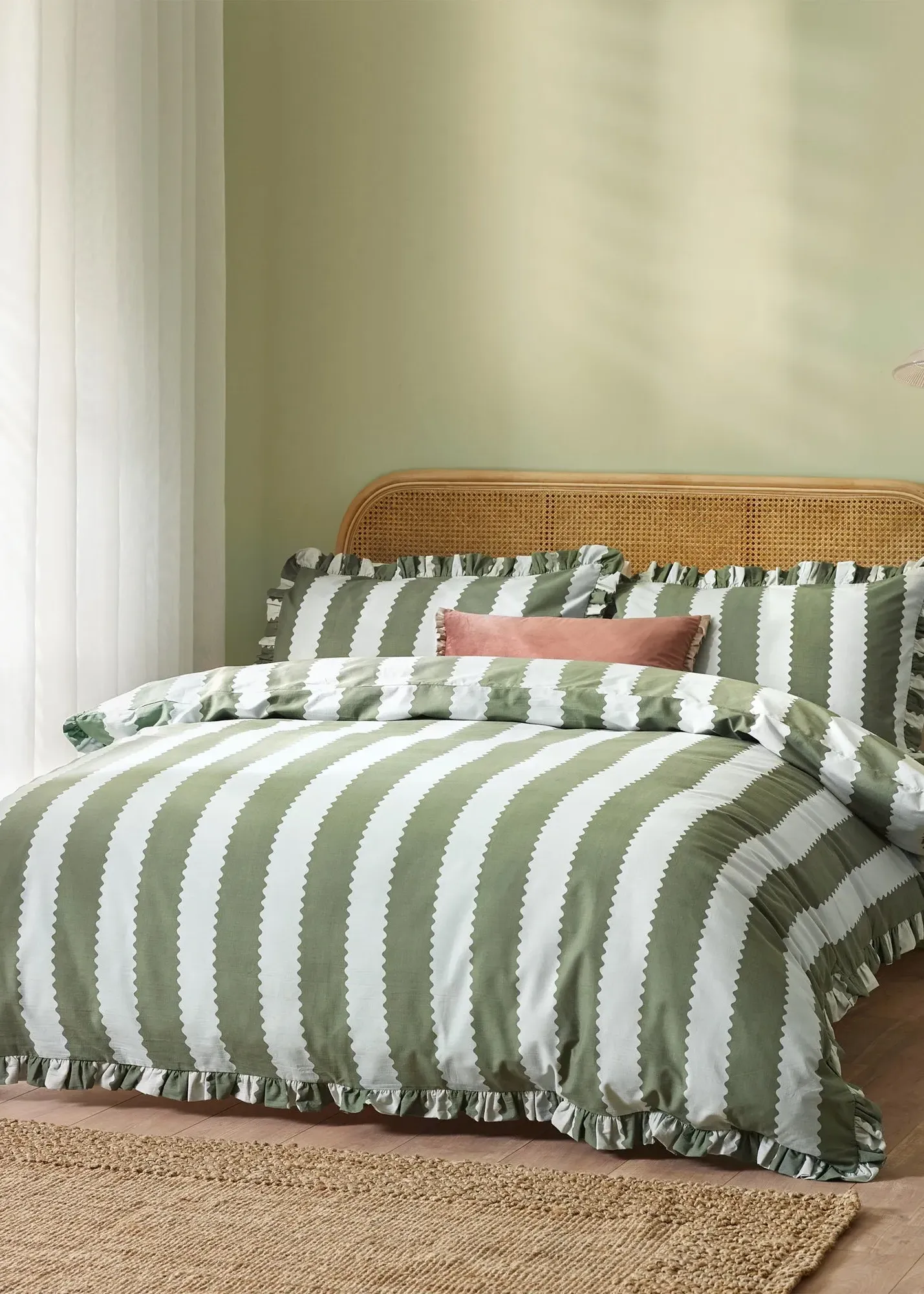 Birdie Stripe Ruffle Double Duvet Set - Green, Cotton product