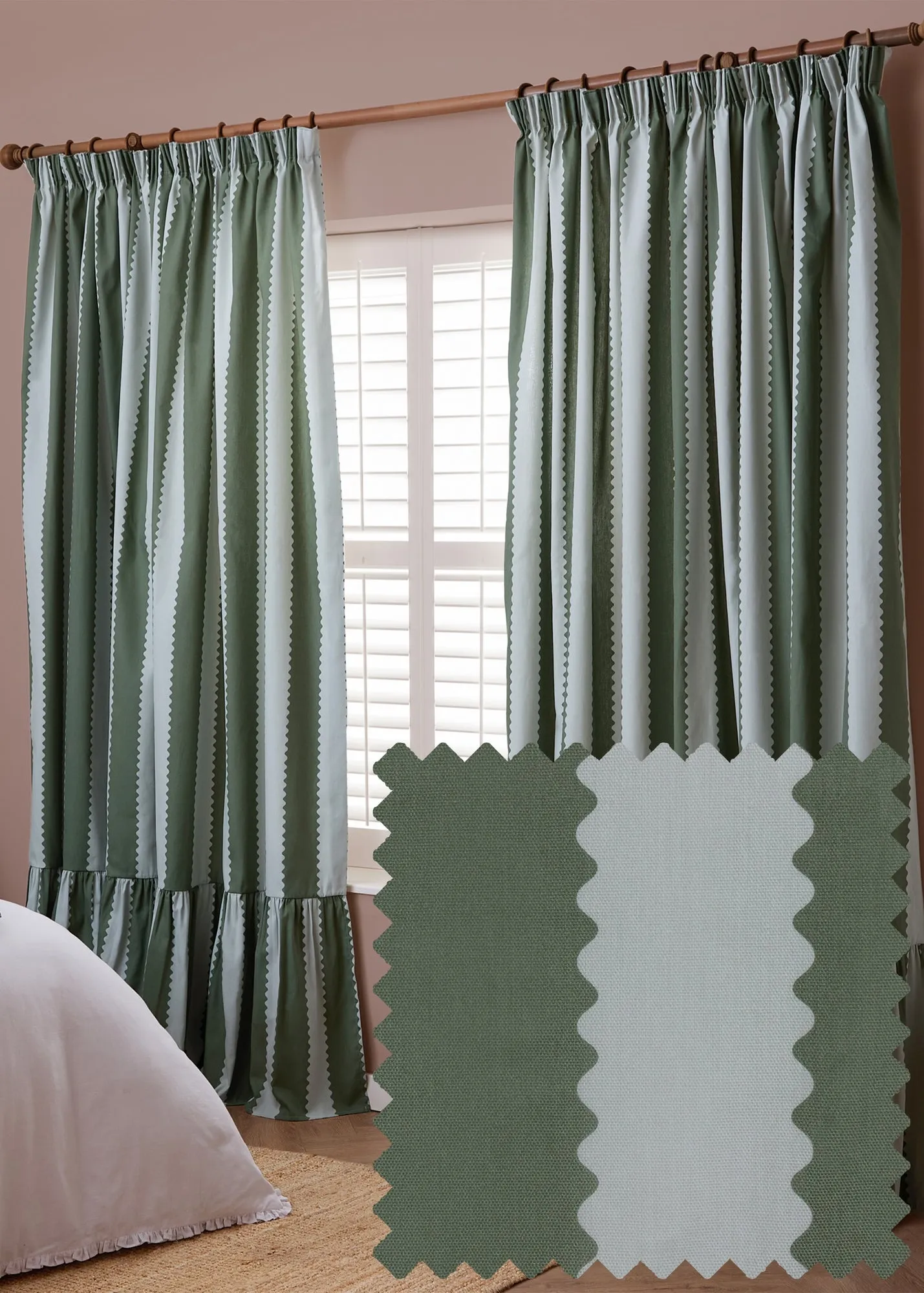Birdie Stripe Ruffle Pencil Pleat Curtain Pair - Green, Cotton product