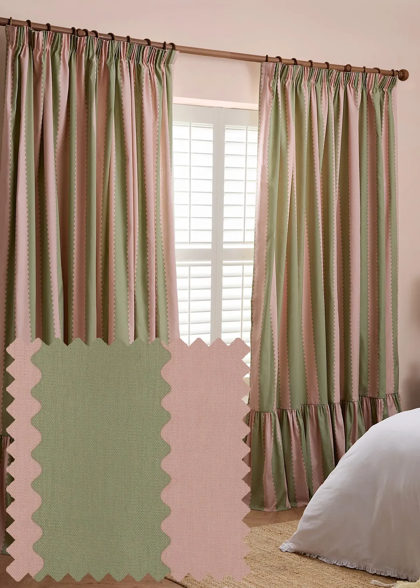 Birdie Stripe Ruffle Pencil Pleat Curtain Pair - Pink, Cotton product