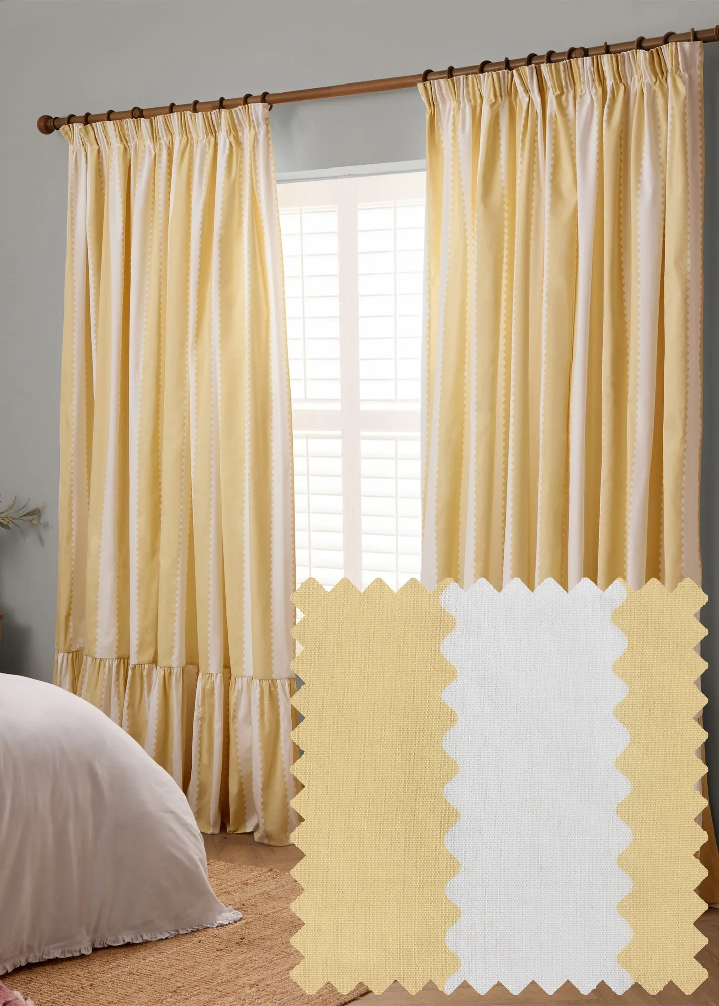 Birdie Stripe Ruffle Pencil Pleat Curtain Pair - Yellow, Cotton product