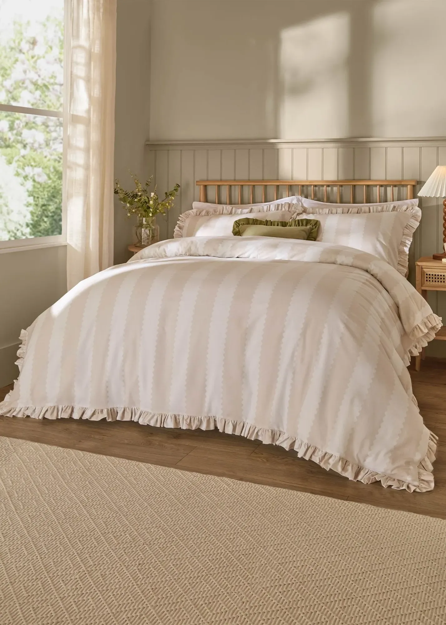 Birdie Stripe Ruffle Single Duvet Cover Set - Natural, Cotton product