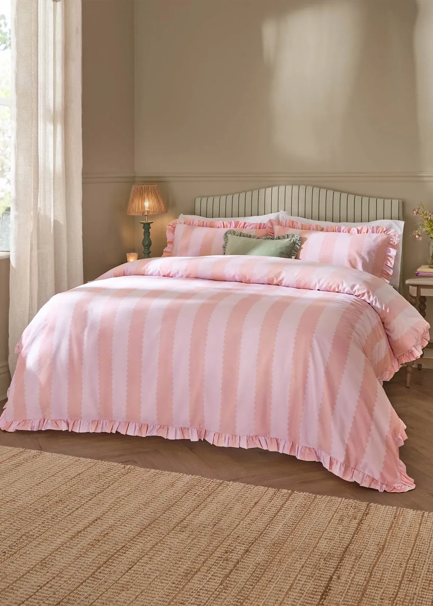 Birdie Stripe Ruffle Single Duvet Cover Set - Pink product