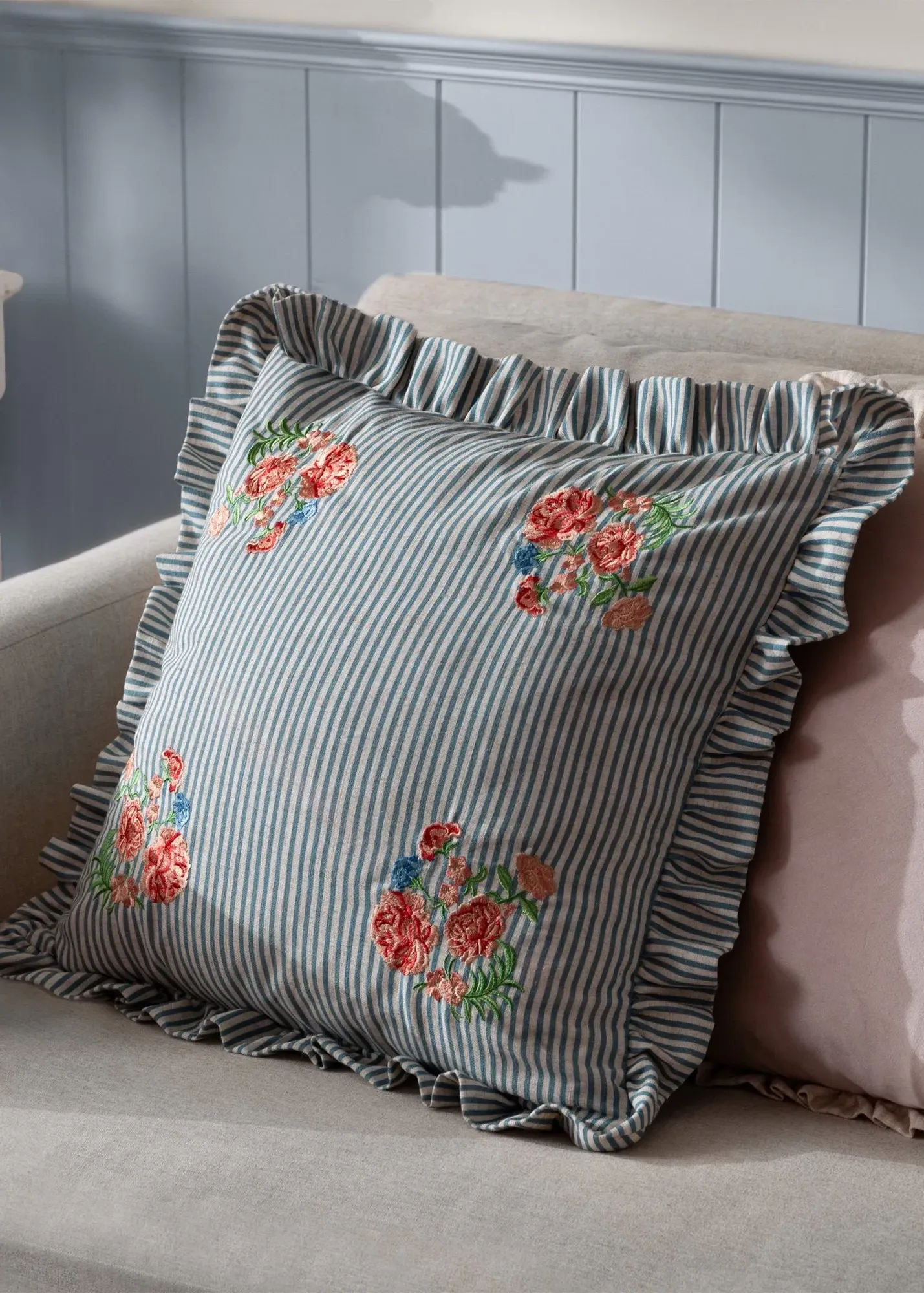 Martha Embroidered Ruffle Cushion - Blue, Polyester product