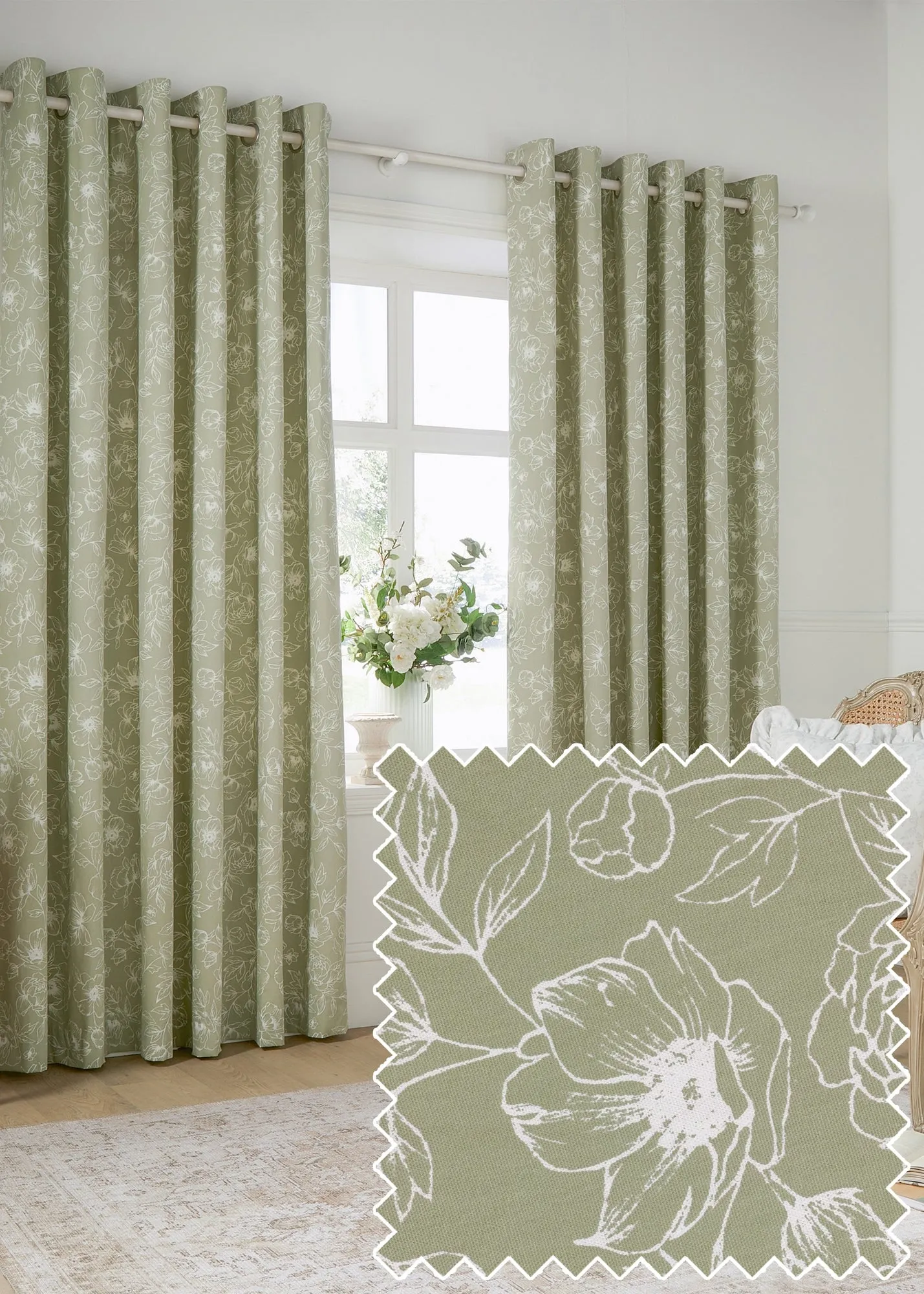 Bella Floral Eyelet Curtain Pair 46w x 54d - Green, Cotton product