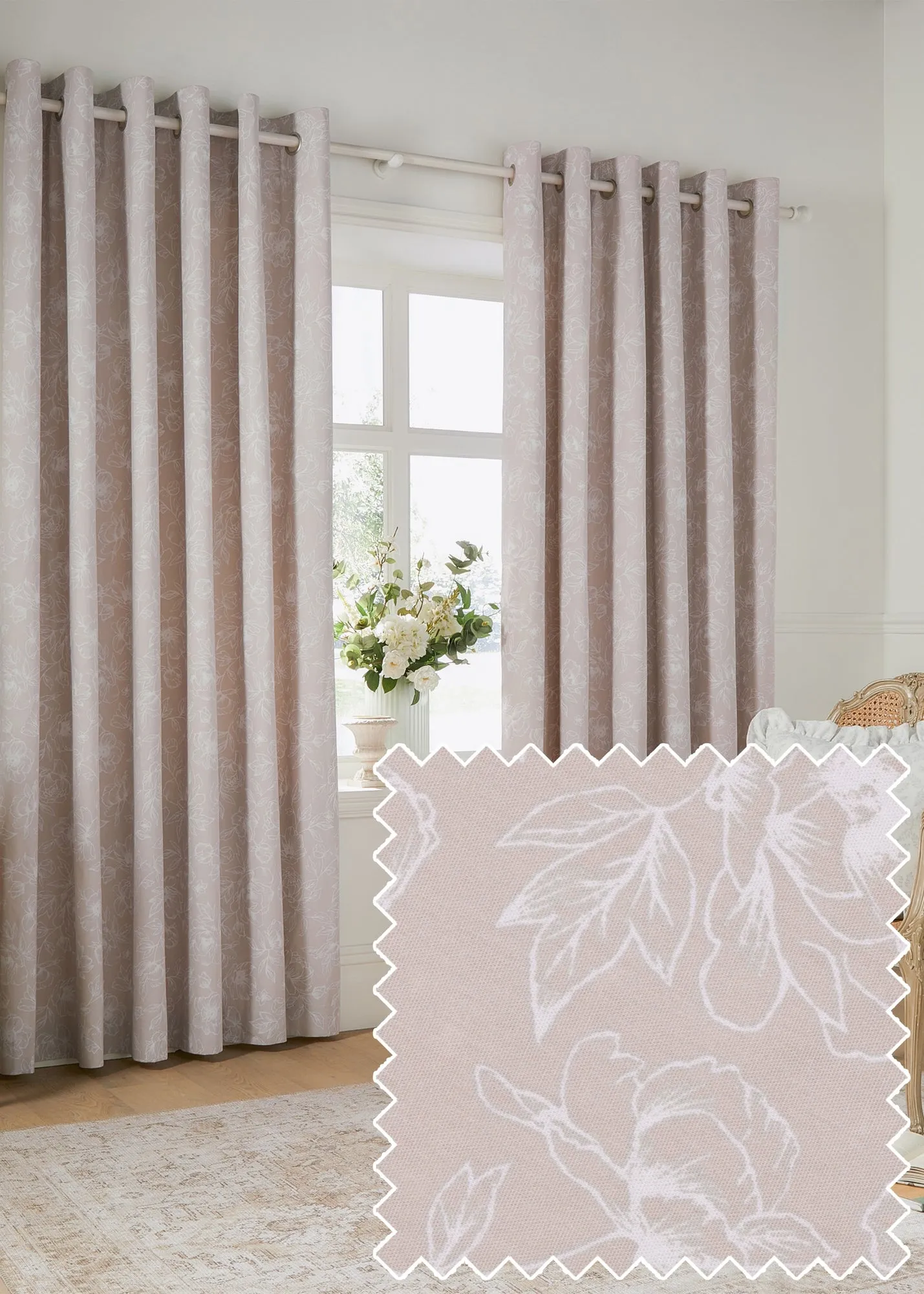Bella Floral Lined Eyelet Curtain Pair - Natural, Cotton product