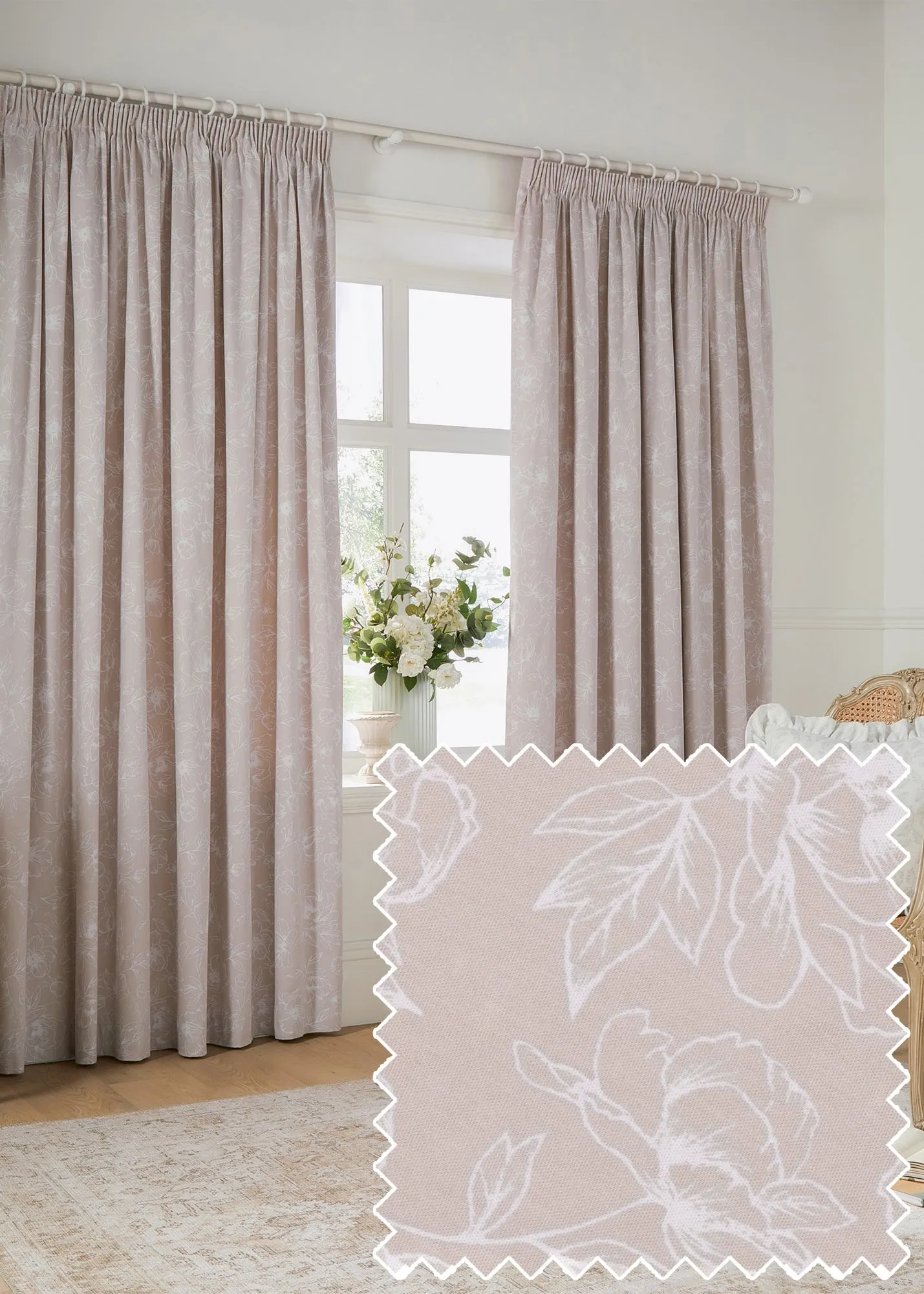 Bella Floral Pencil Pleat Curtain Pair - Natural, Cotton product