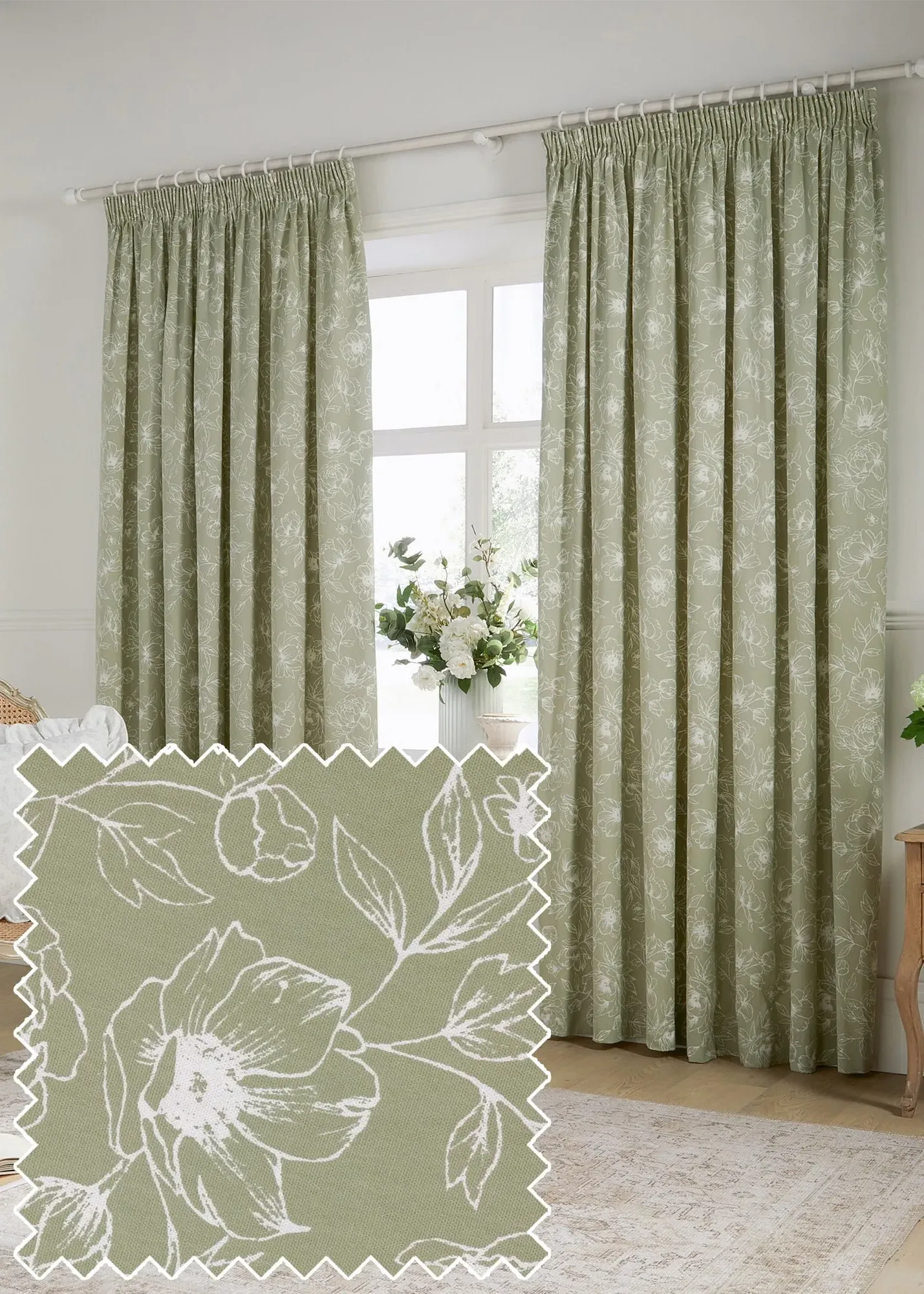 Bella Floral Pencil Pleat Lined Curtain Pair - Green, Cotton product
