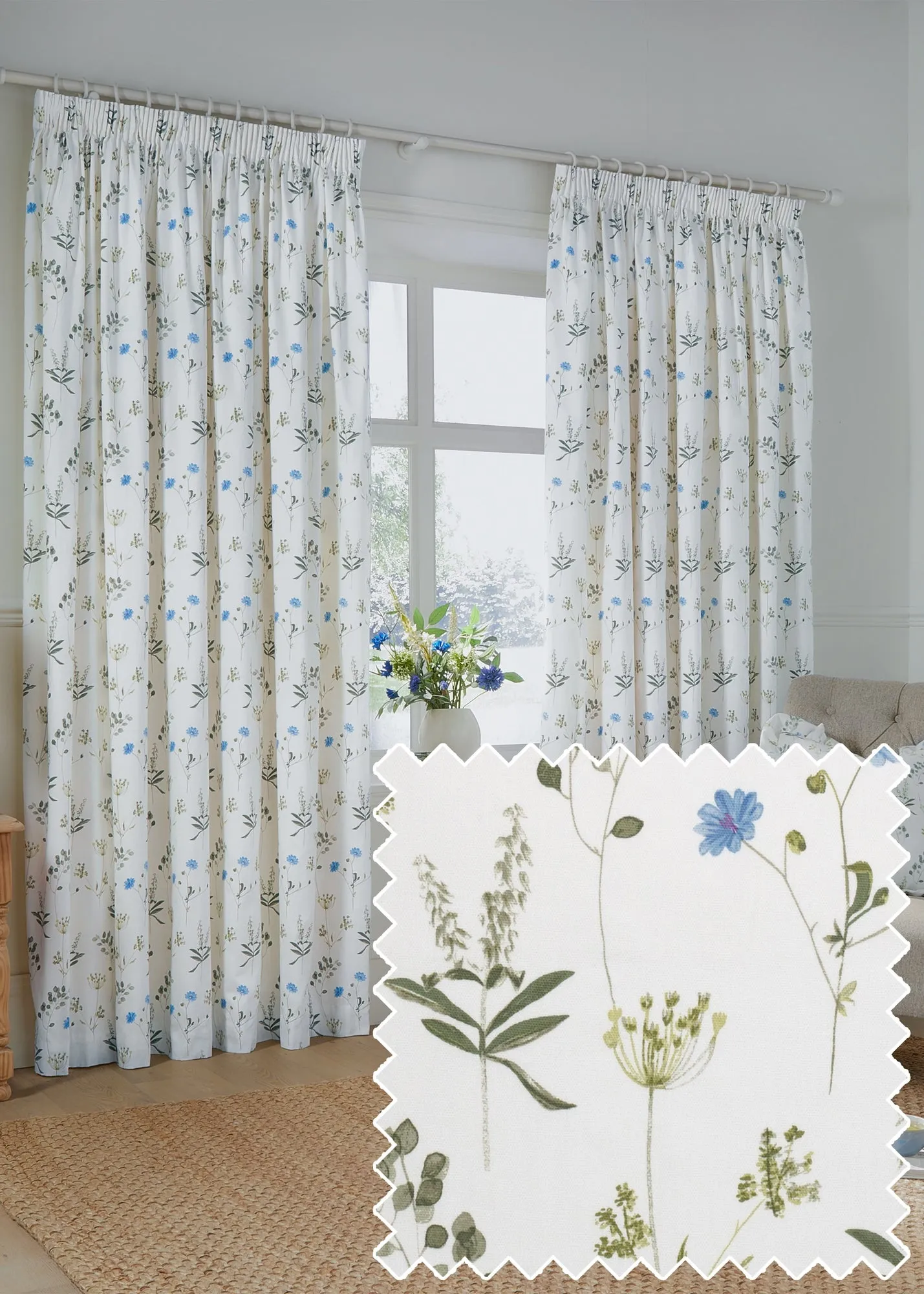 Meadow Pencil Pleat Curtain Pair - White, Cotton product
