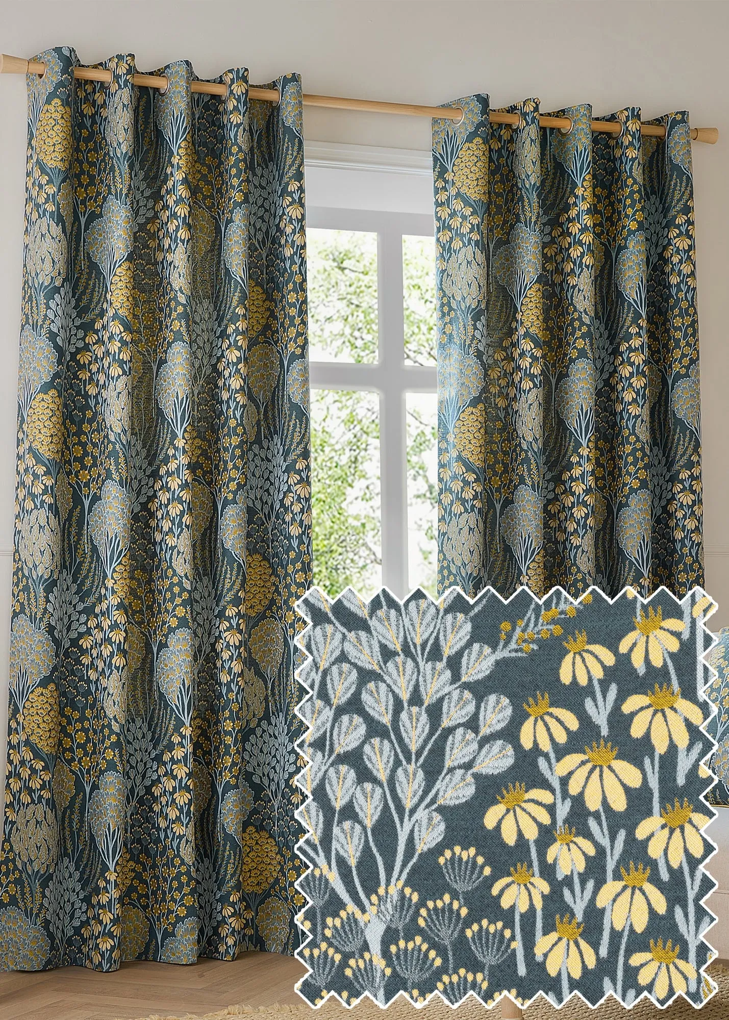 Ophelia Floral Jacquard Room Darkening Eyelet Curtain Pair - Blue, Polyester product