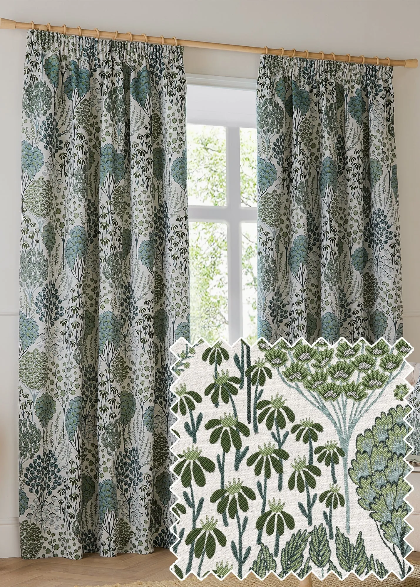 Ophelia Jacquard Floral Pencil Pleat Curtain Pair - White product