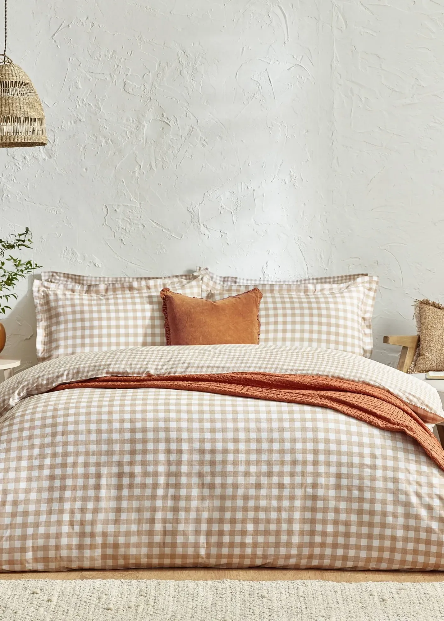 Barton Gingham Check Single Duvet Cover Set - Beige, Cotton product