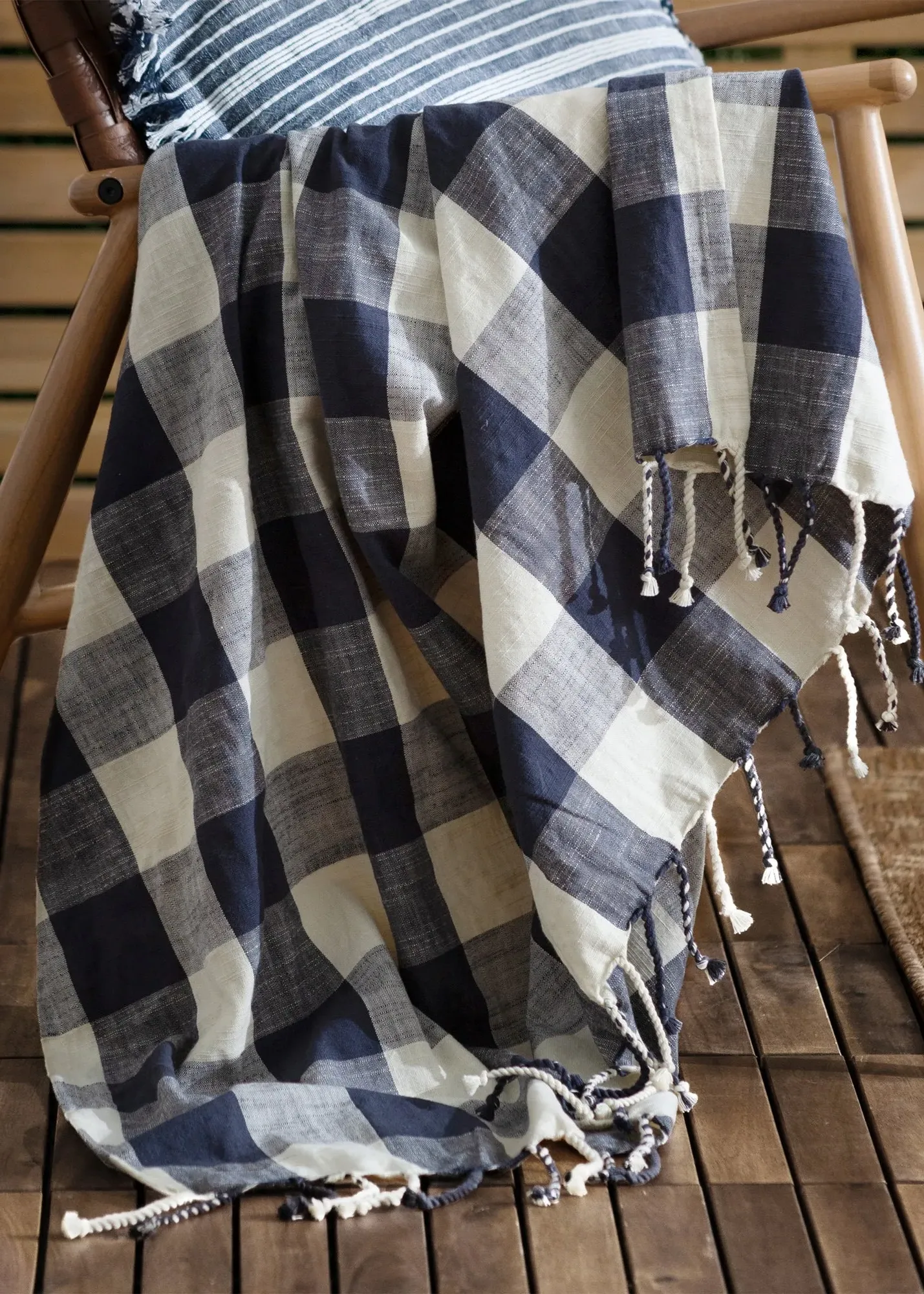 Chesil Check Tasselled Cotton Throw - Navy product