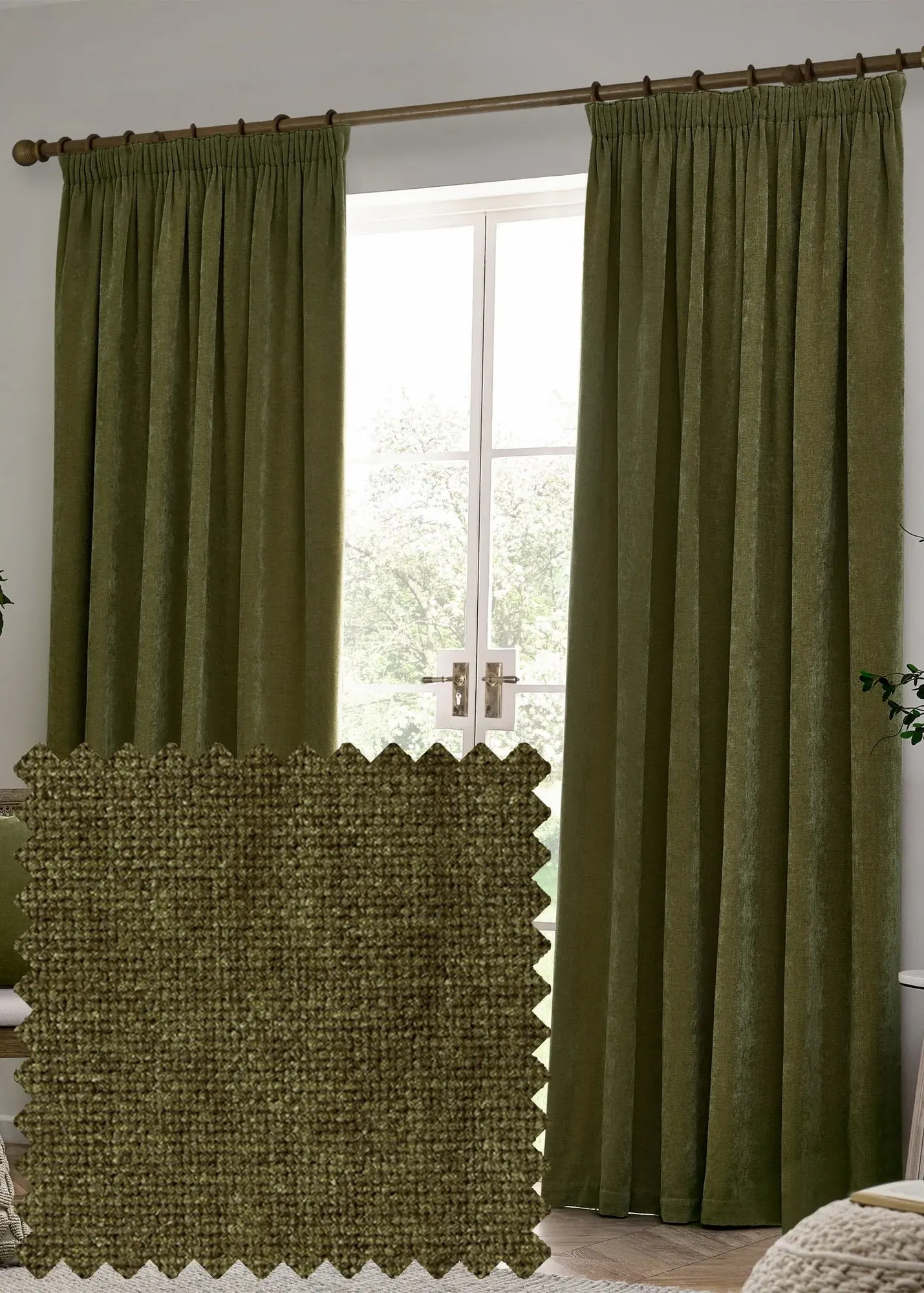 Heavy Chenille Blackout Pencil Pleat Curtain Pair - Green, Polyester product