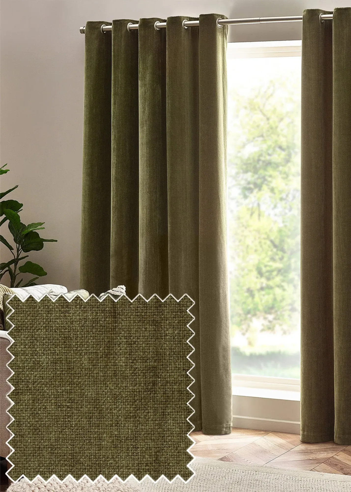 Heavy Chenille Velvet Eyelet Curtains 90x54" - Green, Polyester product