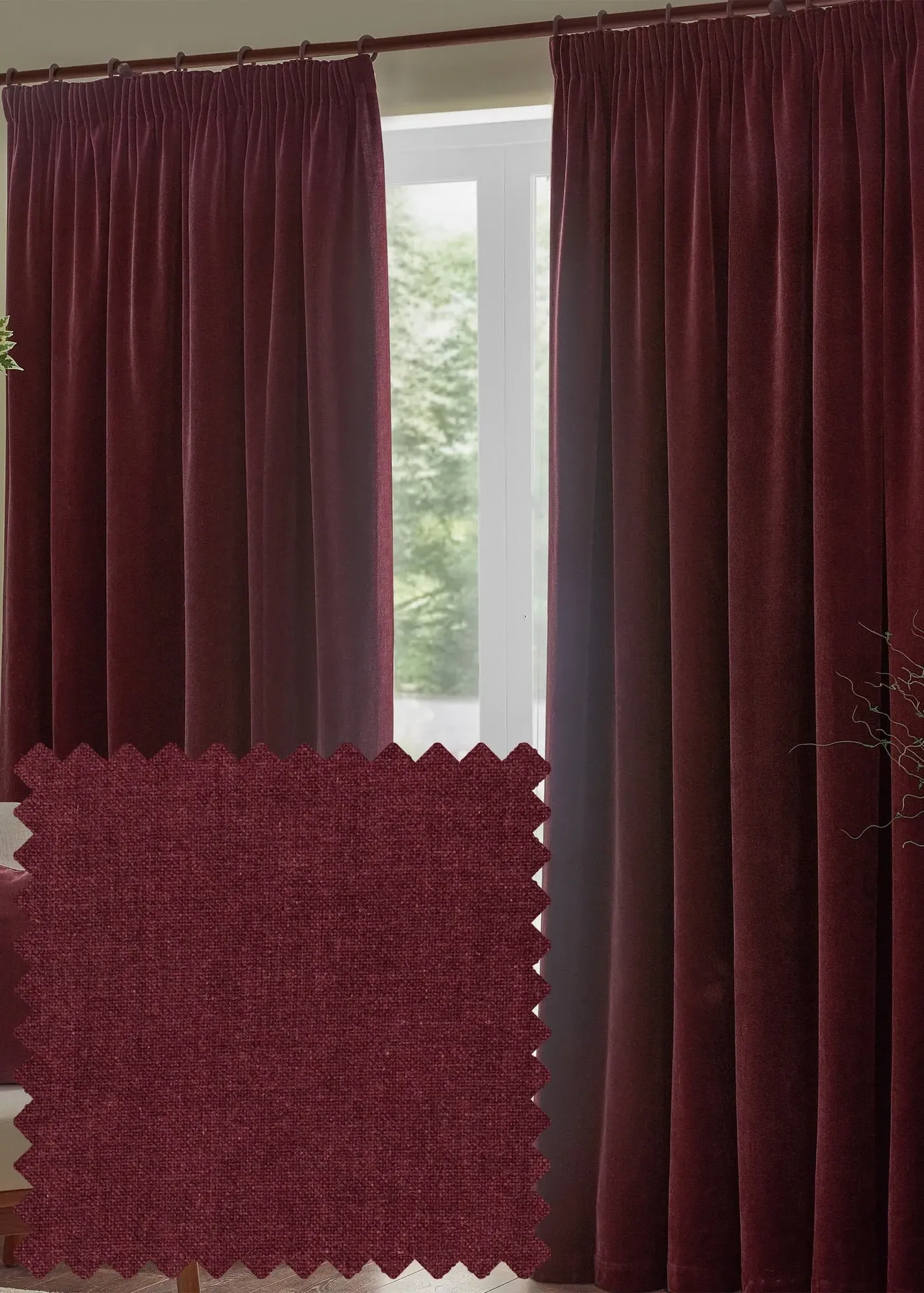 Heavy Chenille Velvet Room Darkening Pencil Pleat Curtain Pair - Red, Polyester product