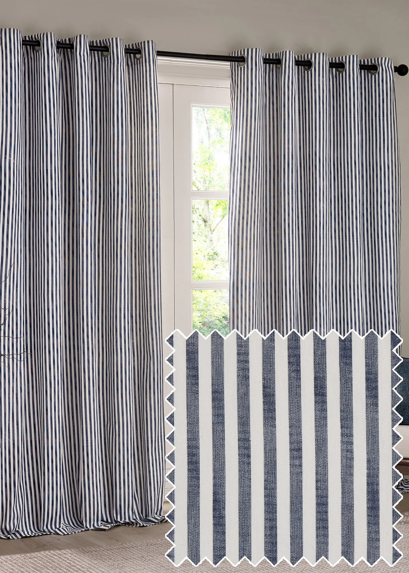 Hebden Stripe Eyelet Curtains 46x54" - Navy, Cotton product