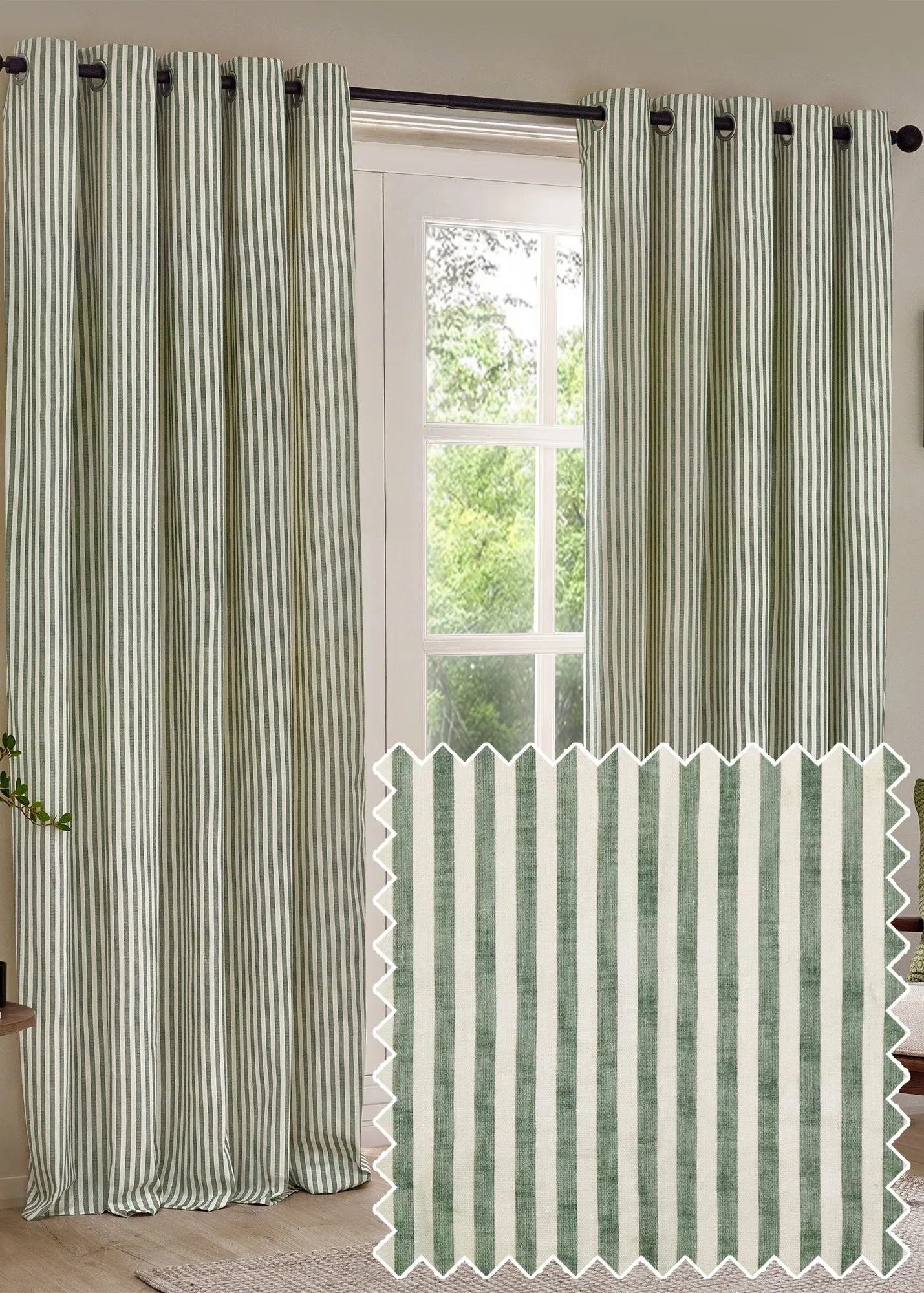 Hebden Stripe Eyelet Curtains - Forest Green, Cotton product