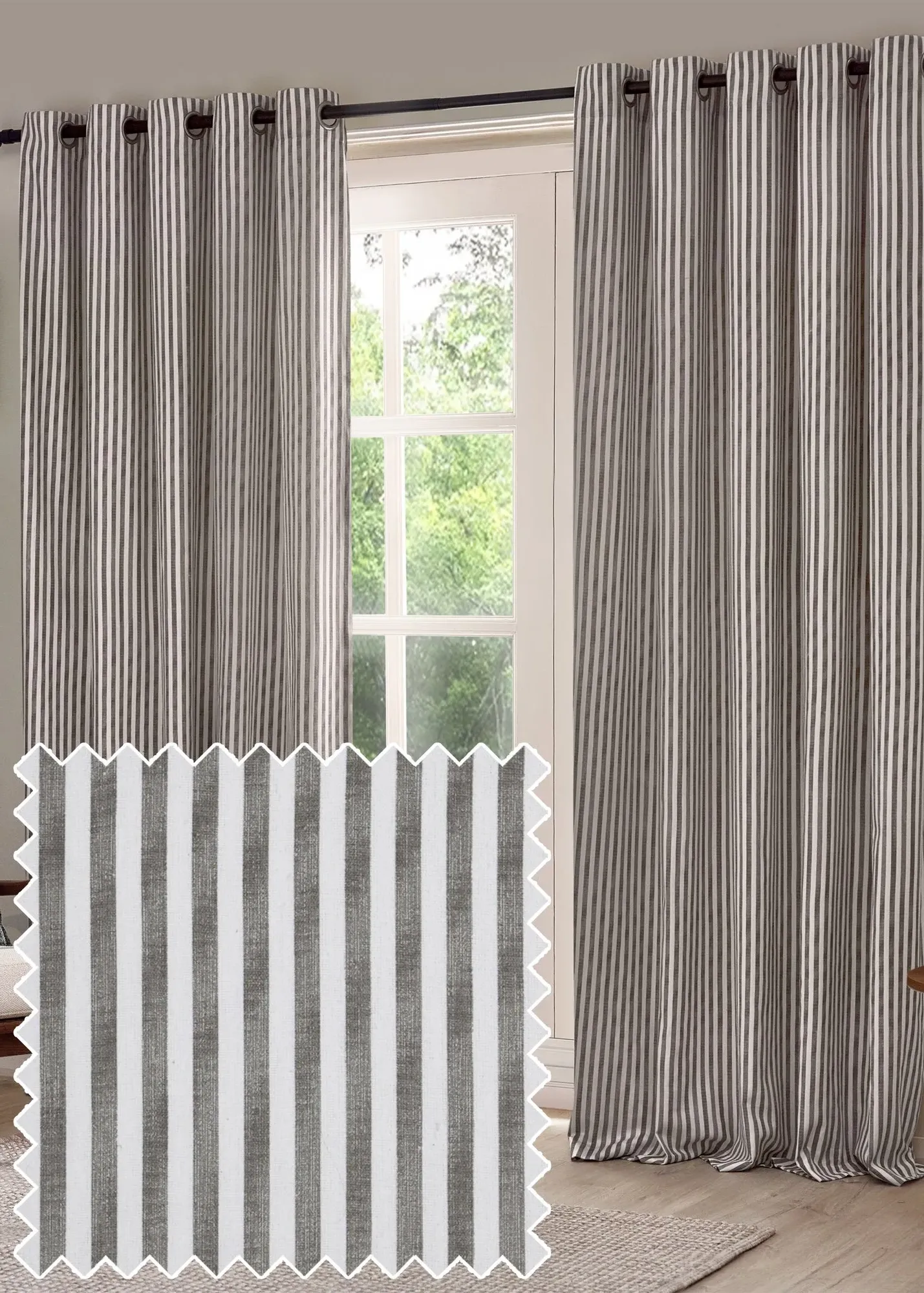 Hebden Stripe Eyelet Curtains Lined - Grey, Cotton product