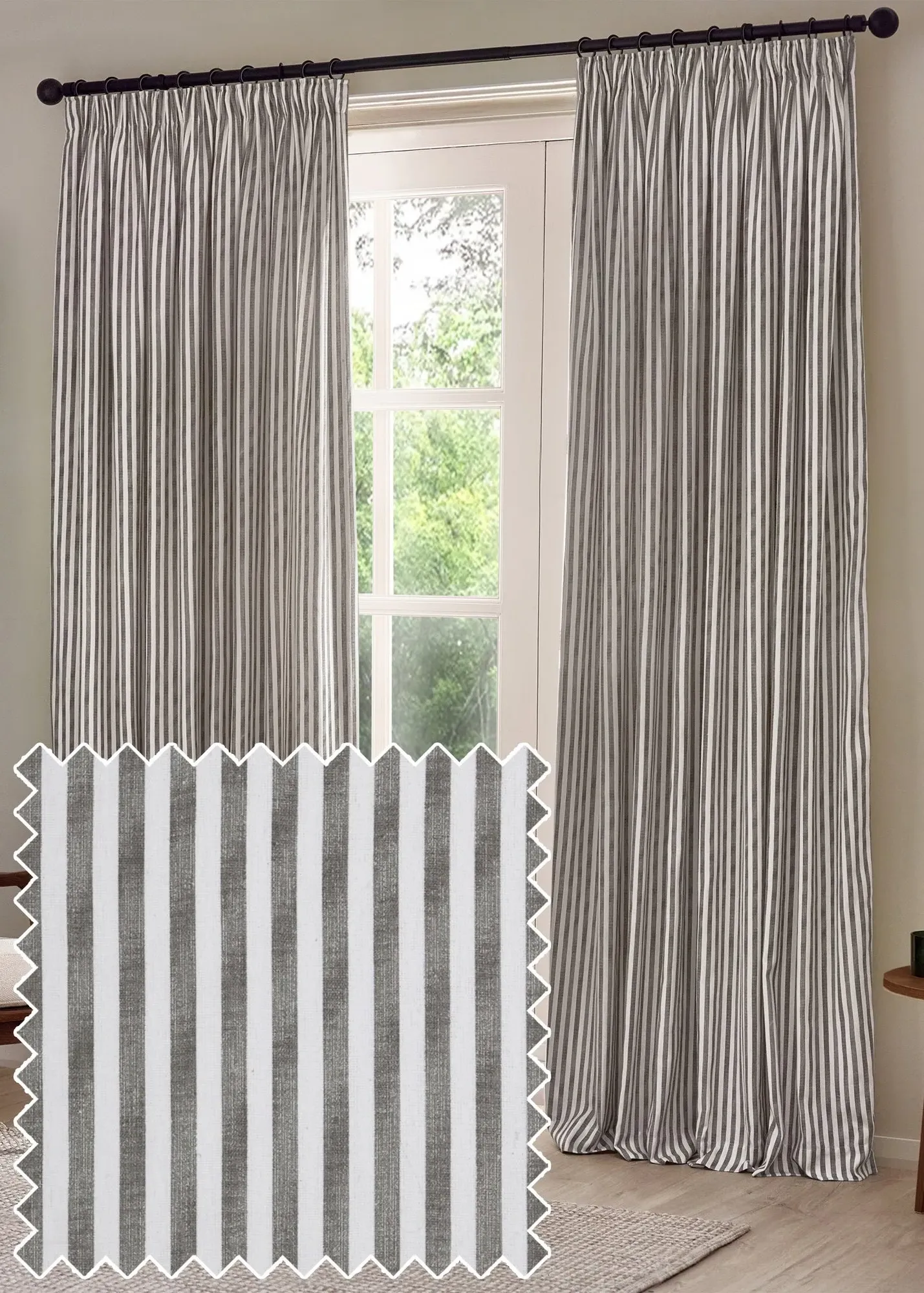 Hebden Stripe Pencil Pleat Curtains 46x54" - Grey, Cotton product